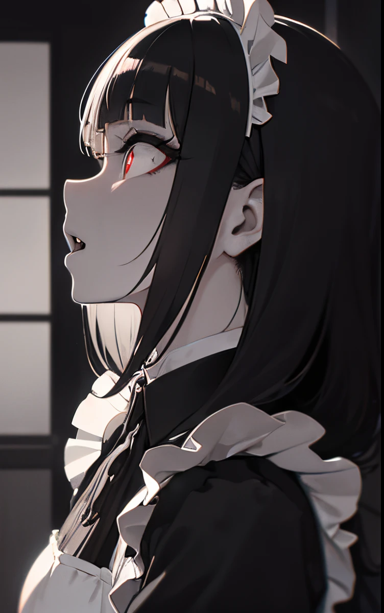 profile、from side、maid、Maids、Underworld、A dark-haired、grayscales、monochromes、red eyes、 Shaded face,  Crazy, skirt rift, pantiy, [self lift]、Blunt bangs、Red brilliant eyes、Sexy、Nasty face、maid, over-kneehighs,Ahegao , Silly,Sexual ecstasy,Drunken eyes,Blunt bangs, Black hair,(masutepiece:1.2, Best Quality), (finely detailed beautiful eye: 1.2), (Detailed background,Dark Fantasy), (beautifull detailed face), High contrast, (Best Illumination, extremely delicate and beautiful), ((Cinematic Light)), Colorful, Hyper Detail, Dramatic light, Intricate details,