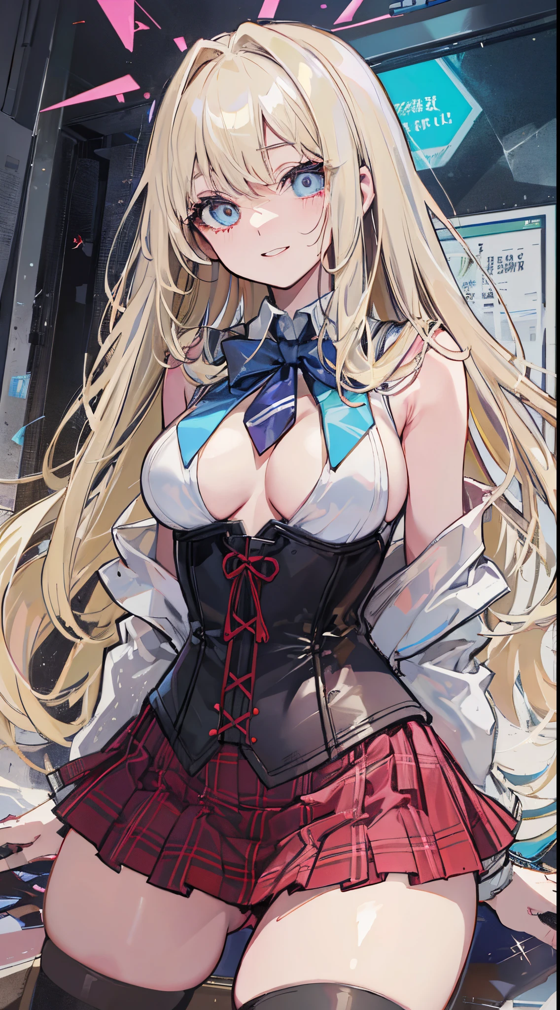 top-quality、realistic touch,high-detail、photoRealstic、Long body、captive beauty、big eye、Strong platinum blonde eyelashes、platinum-blonde、full body Esbian、Sparkling eyes、Submissive smile、Flushed cheeks、Kamimei、thin-waist、Voluptuous thighs、Enraptured look、Raked bangs、The forehead is protruding、sleeveless、High school students in uniform 、The skirt is very short and transparent、No cleavage exposed、fuge sideboob、high school uniform with tie、A corset that emphasizes your breasts、Inside a futuristic classroom