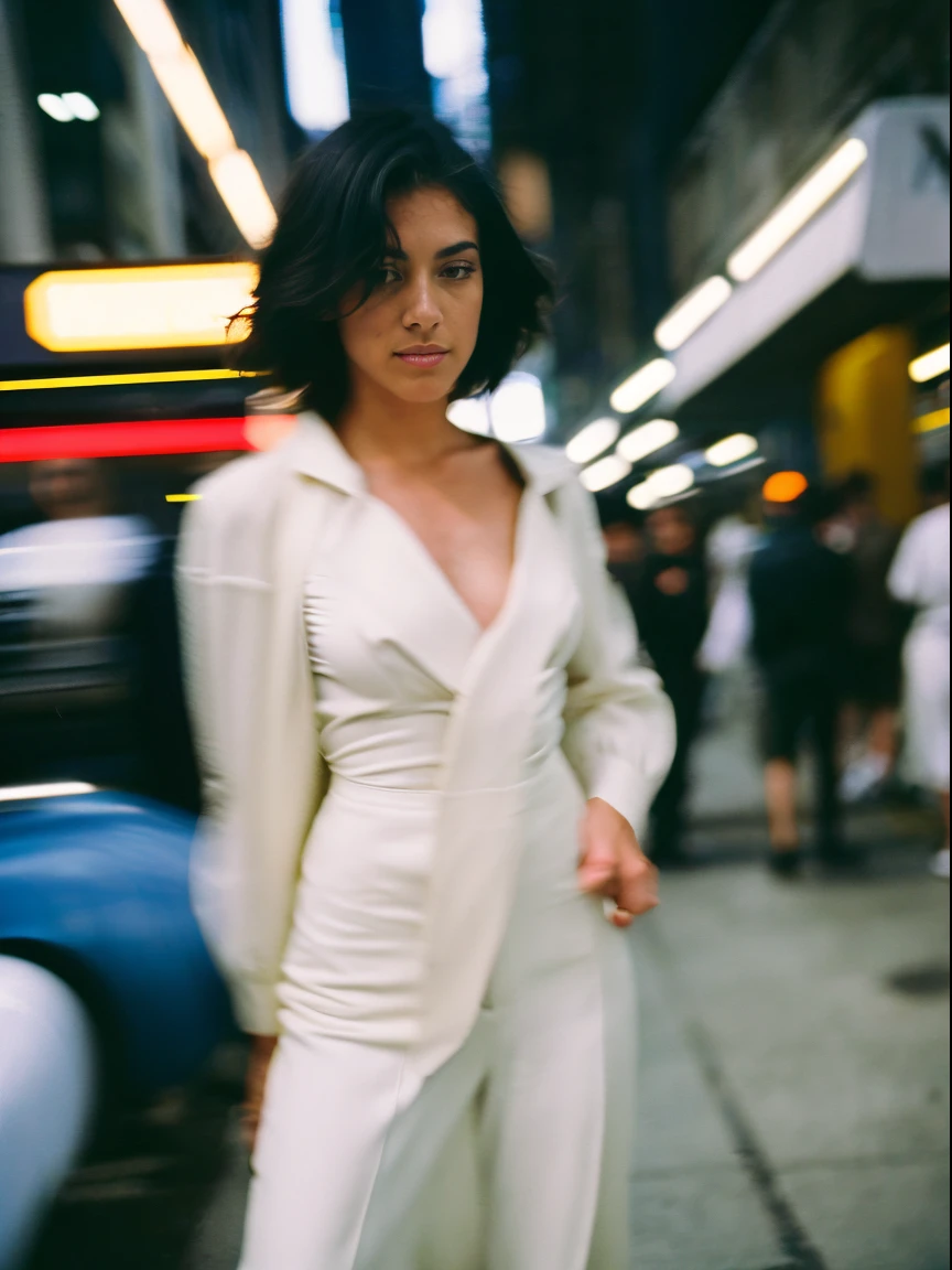 a woman through motion, wearing saint lauren, busy street, fashion model, paparazzi, (full body: 1.3), (luxury advertising photography: 1.2), motion blur, (Graflex speed graphic: 1.4), lens flare, brushwork exploration, kodak ektachrome, flash light, spontaneous marks :: 1 Shot on Kodak Ektachrome :: 0.6