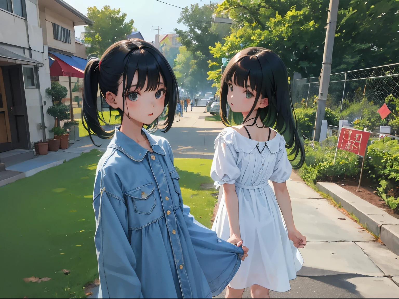 (),(masterpiece,Highest Quality),(denim zip up dress:1.4),green a-line dress,shortsleeves,A dark-haired,outside of house