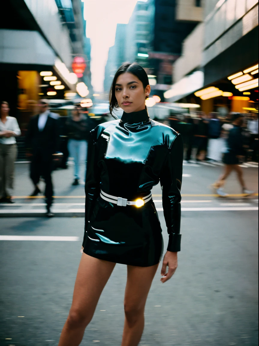 A woman through motion, Woman wearing Saint Lauren, busy street, Fashion model, Paparazzi, (full body: 1.3), (luxury advertising photography: 1.2), Flashlight, Shutter drag, Motion blur, Lens flare, (Graflex speed graphic: 1.4), Brushwork exploration, Shot on Kodak Ektachrome