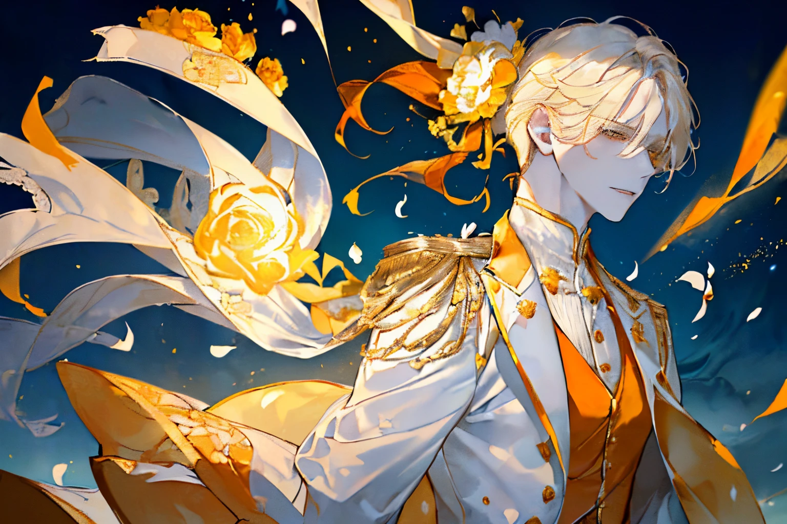 ((pale blond hair)),((With bangs)),((Straight hair)),((Bery short hair)),((Light orange eyes)),((white and yellow corset)),((Luxury and neat attire like a British gentleman)),Slight red tide,,((Like a knight, He carries a luxuriously decorated sword on his waist......)),((close up of face),(Naughty smile),(Royal gardens with colorful flowers),((Male in late teens)),smiling slightly,((Clothes and hair fluttering in the wind)),(Petals fluttering in the wind),((Orange and yellow light particles fly around.)),(Dynamic movement),