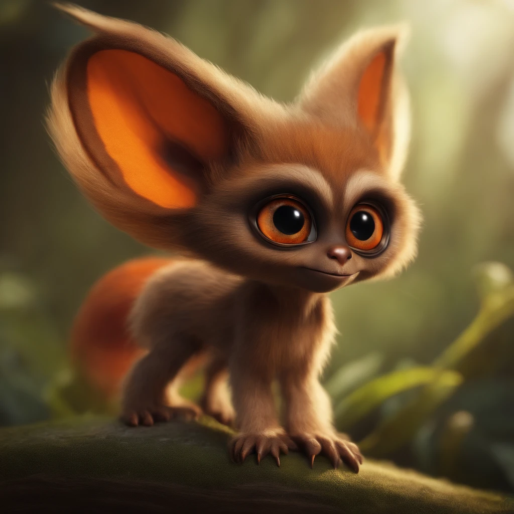 gremlin, Belkk-like, Huge eyes, tasseled ears, brown nose, bright orange and brown, long tail, silver color, furry clothes, Best Quality, Masterpiece, in style of dark fantasy art