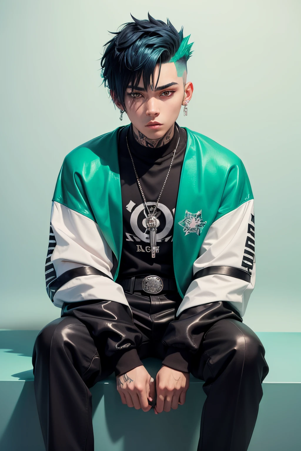 Kpop  young age boy with fade cut dark blue hair with with (frosted white tips top hair), cute face, irresistible, sit pose, poser, serious face, full half body show, tattoos, wears cool black mixed blue ang green open jacket with long big sized shirt, long black pants with belt, paint background, popstar, has messy lime green hair, and a green one-suit with a diamond. He has a normal Putt Putt Troll appearance overall, as most of them resemble his appearance with exceptions like Viva. His attire is a reference to the golfing attire of golfers.