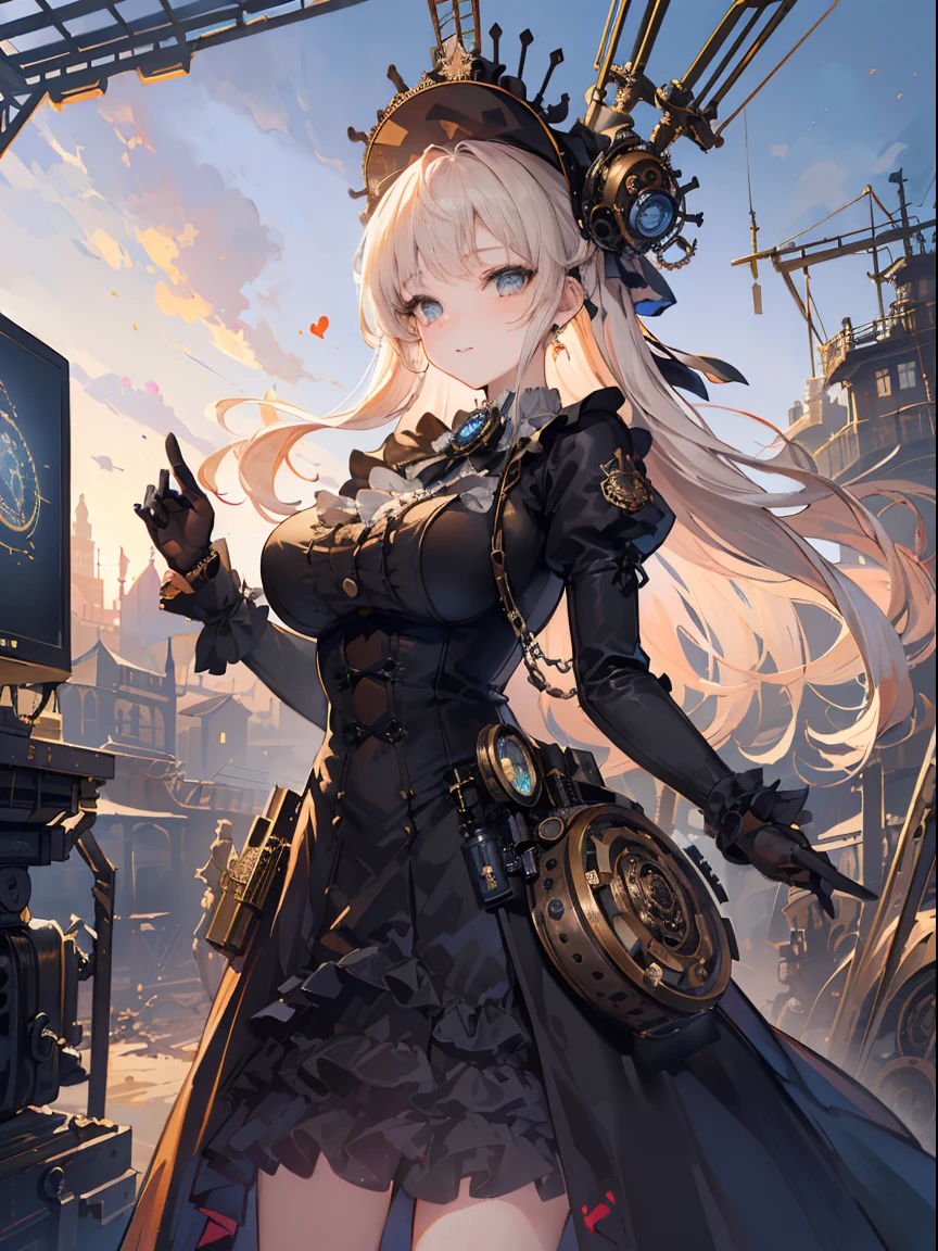 1 girl, ((Gothic Steampunk)), ((bright colors)), very happy face, hopeful expression going on an adventure, lips matching the expression, perfect face and eyes, [white skin: 0.9], Beautiful breasts, impressive, ((transparent eyes)), pose with body facing the camera, natural pose
break,
((Masterpiece, cute black steampunk airship rider gothic dress, steampunk gear: 1.4)), ((wearing cute steampunk gothic lolita women's soft hat)), (Lolita fashion design is very cute: 1.3), (cute flowers and steampunk goggles on the head: 1.3)
break,
(Steampunk mechanical industrial machinery that fills the screen so much that you can't see the sky, lively, three-dimensional, multilayered: 1.4), (Steampunk adventure cityscape situation), (Steampunk gears of industrial design: 1.4 ), (Gear Decoration: 1.5), (Epic: 1.3), (Best Steampunk Adventure Setting: 1.4), (Steampunk Airship: 1.3), Super High Rise, (Full Screen Victorian Style Like buildings: 1.4)
break,
(Masterpiece: 1.4), Super resolution, (Ultra detail in the background: 1.4), Accurate anatomy, (Very colorful pastel art on all screens: 1.3), Old punk-like details