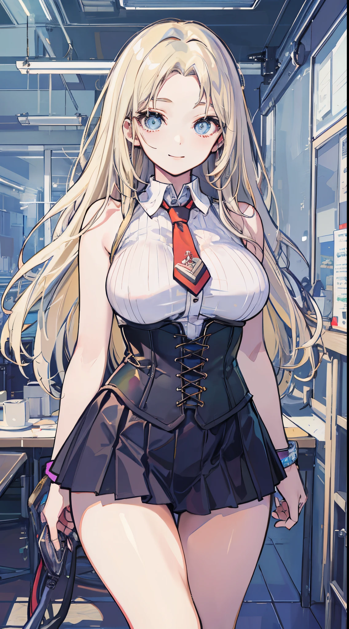top-quality、realistic touch,high-detail、photoRealstic、Long body、captive beauty、big eye、Strong platinum blonde eyelashes、platinum-blonde、full body Esbian、Sparkling eyes、Submissive smile、Flushed cheeks、Kamimei、thin-waist、Voluptuous thighs、Enraptured look、Raked bangs、The forehead is protruding、sleeveless、High school students in uniform 、The skirt is very short and transparent、No cleavage exposed、fuge sideboob、high school uniform with tie、A corset that emphasizes your breasts、Inside a futuristic classroom
