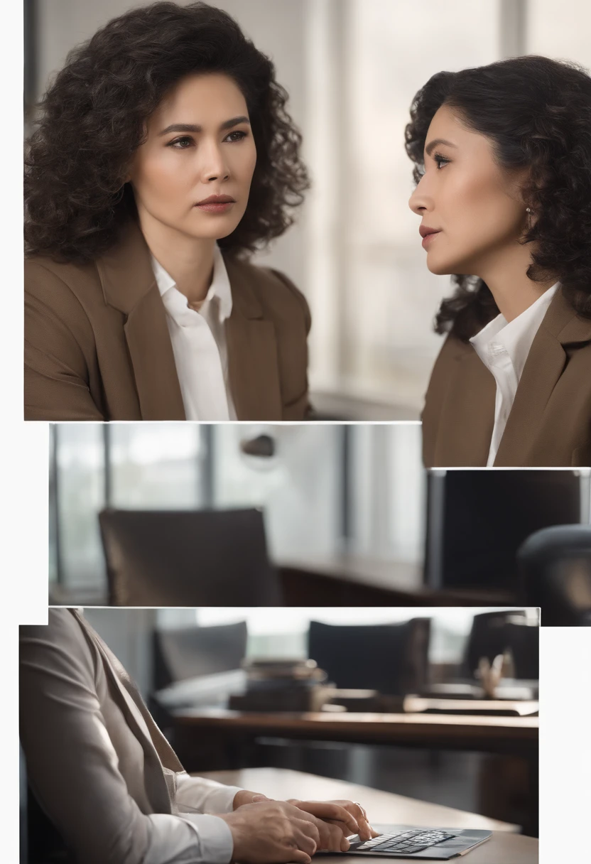 In an office setting, an individual of Asian descent sits in an office chair, their hair gray, their hands supporting their face as they contemplate. The scene reflects a moment of deep introspection, possibly pondering significant decisions or grappling with challenges. The posture and expression suggest a person immersed in profound thought, navigating complex matters or contemplating the next course of actiongrey hair, widow's peak, quiff, serious, thinking, lens flare, caustics, cowboy shot, character chart, chiaroscuro, cinematic lighting, Surrealism, Verism, UHD, 16k