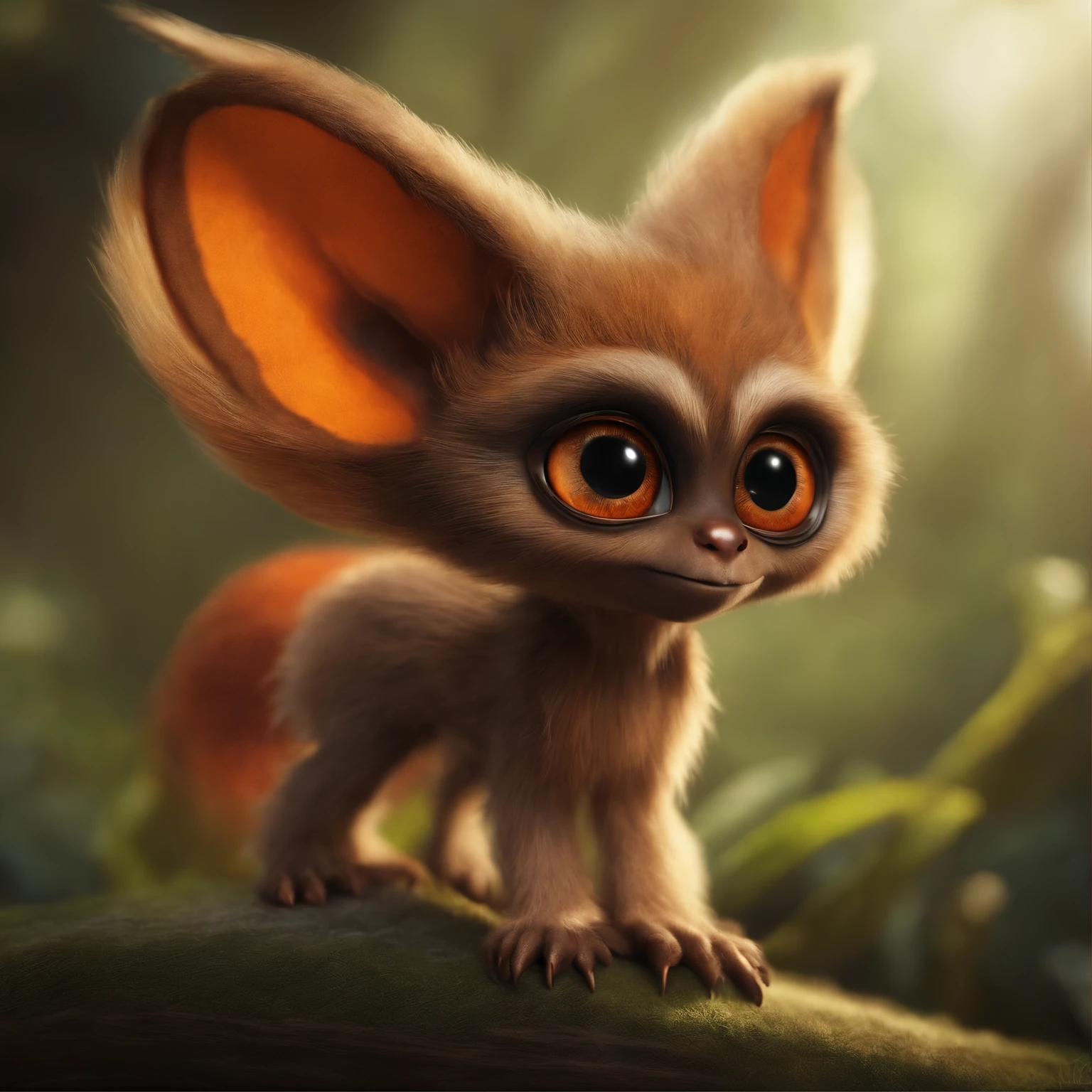 gremlin, Belkk-like, Huge eyes, tasseled ears, brown nose, bright orange and brown, long tail, silver color, furry clothes, Best Quality, Masterpiece, in style of dark fantasy art