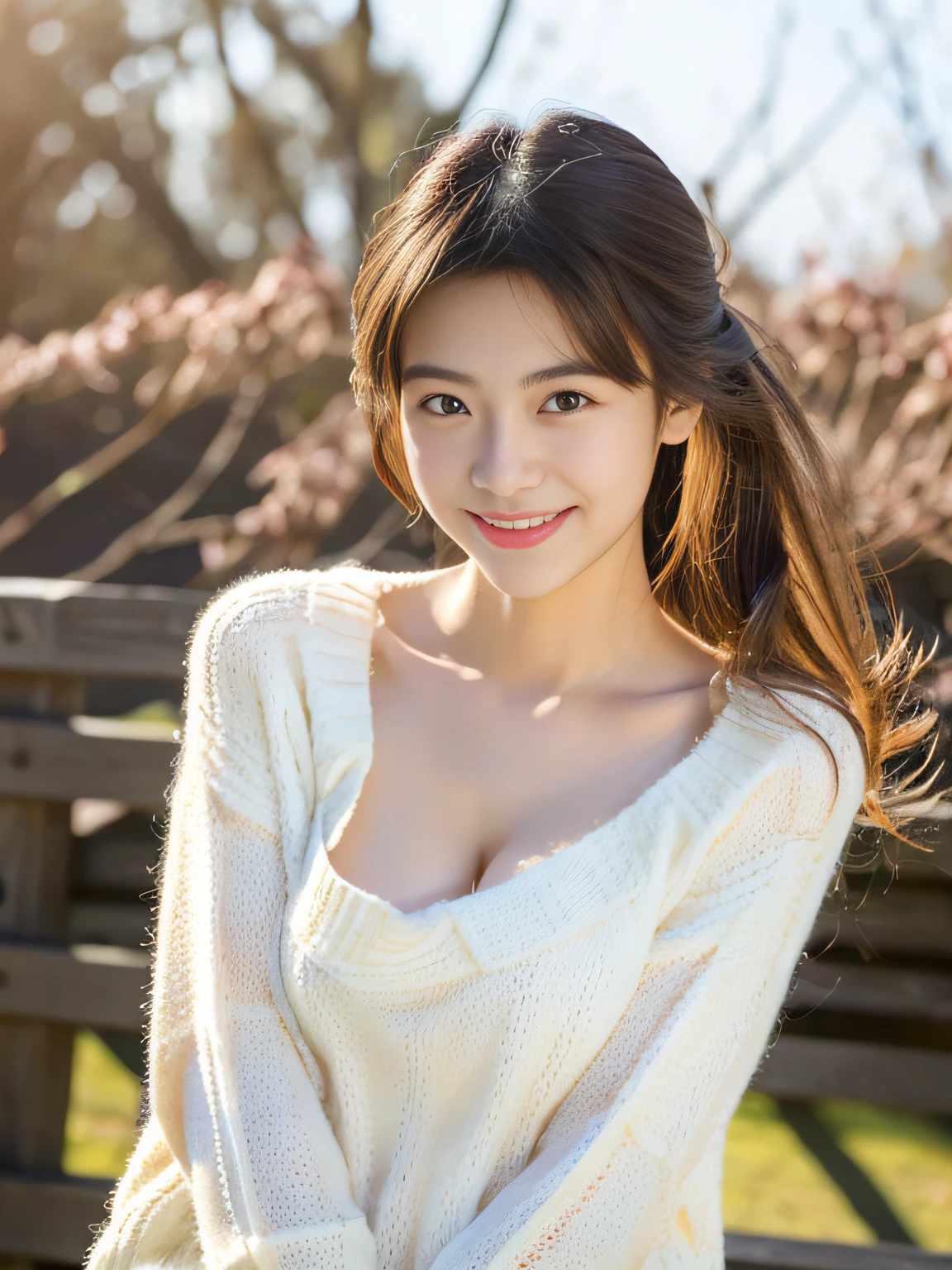 japanes、top-quality、masterpiece、超A high resolution、(Photorealsitic:1.5)、Raw foto、1girl in、Tight white knit high neck sweater、demure、cold light、Sexy appearance、Bewitching、18year old、large full breasts、Chest with arms for emphasis、Smile、Exquisite beauty