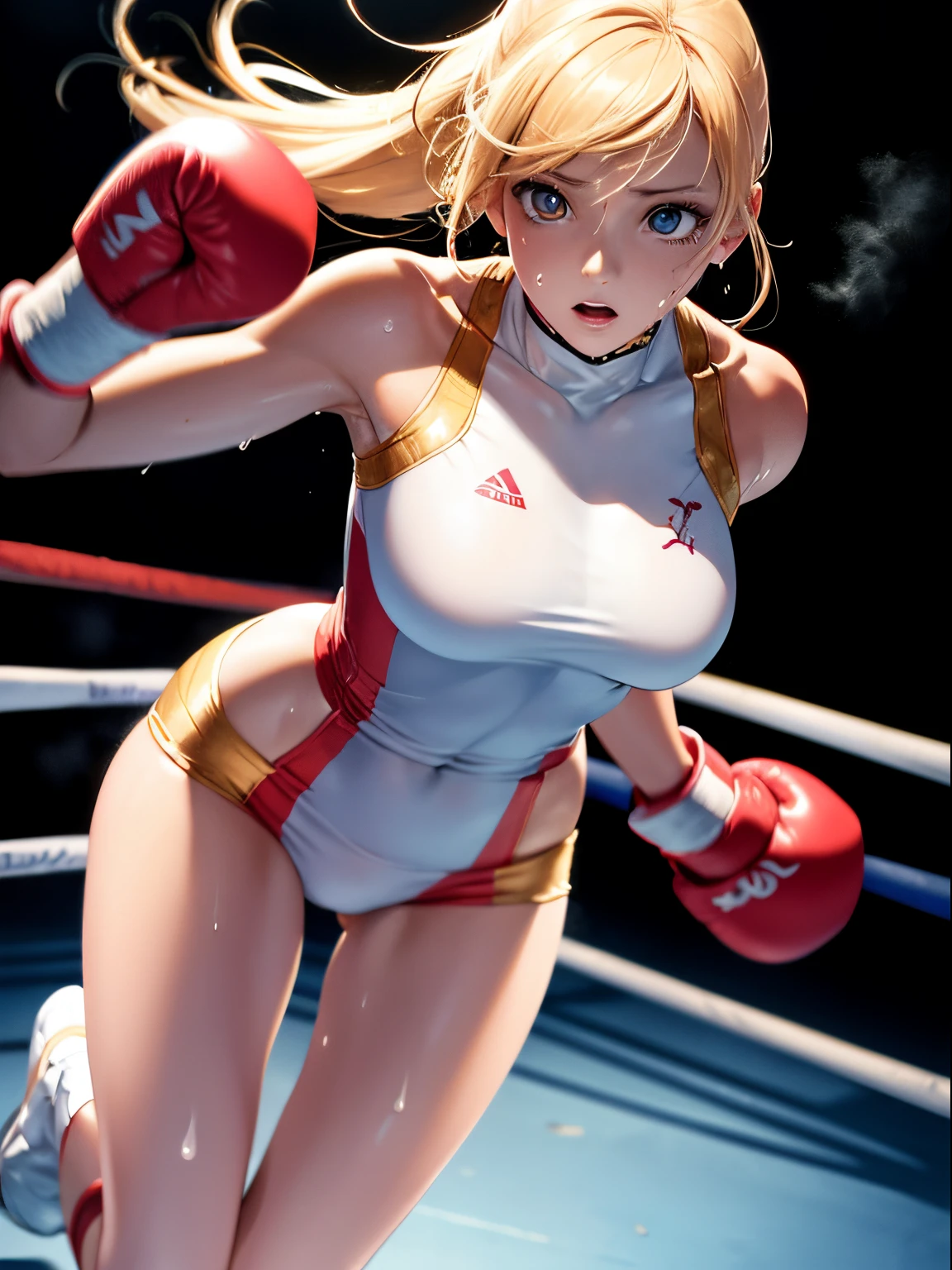 Best Quality, masutepiece, High resolution, (Anime Heroine Illustration), Anime Paint, 1beautiful girl ,Dynamic Angle,Female boxer ,small head,Large breasts,nice legs, Glowing skin, Sweat,At the boxing venue ,Detailed beautiful face,Large eyes,detailed hairs,detailed skins,Realistic Skins,Sweat,detailed clothes,