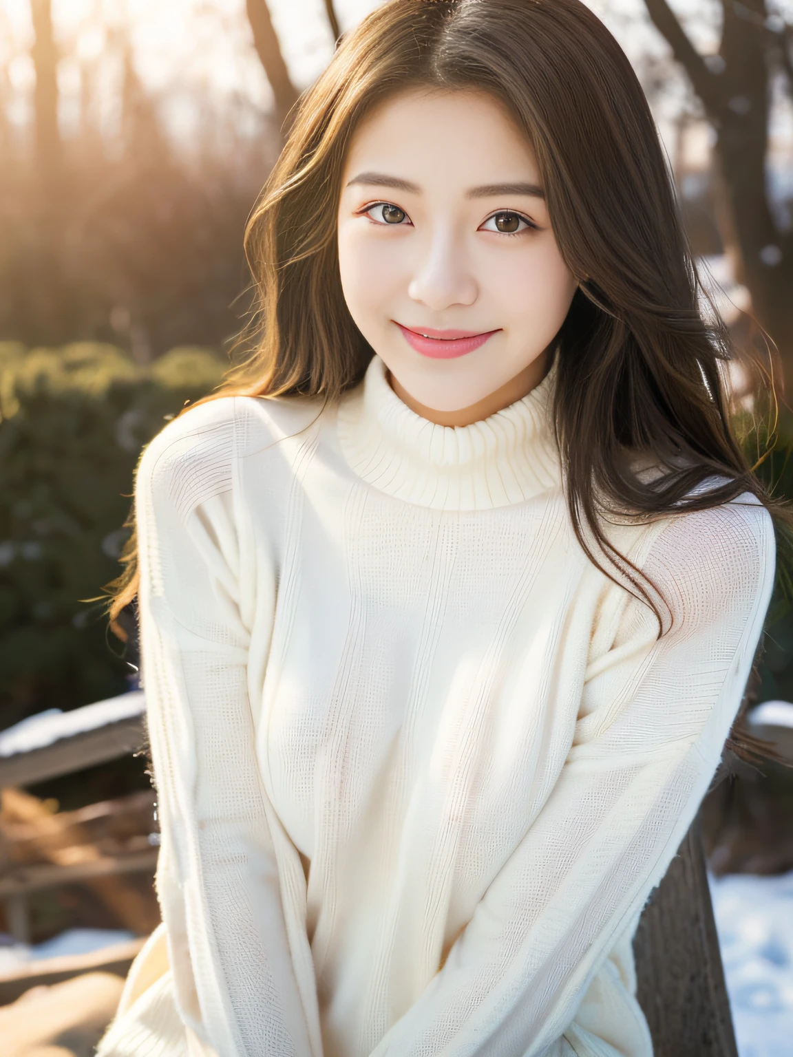 japanes、top-quality、​masterpiece、超A high resolution、(Photorealsitic:1.5)、Raw foto、1girl in、Tight white knit high neck sweater、demure、cold light、Sexy appearance、Bewitching、18year old、large full breasts、Chest with arms for emphasis、Smile、Exquisite beauty