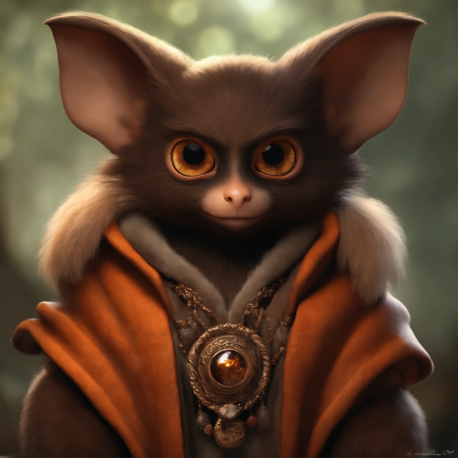 gremlin, Belkk-like, Huge eyes,  tasseled ears, brown nose, bright orange and brown, long tail, silver color, furry clothes, Best Quality, Masterpiece, in style of dark fantasy art
