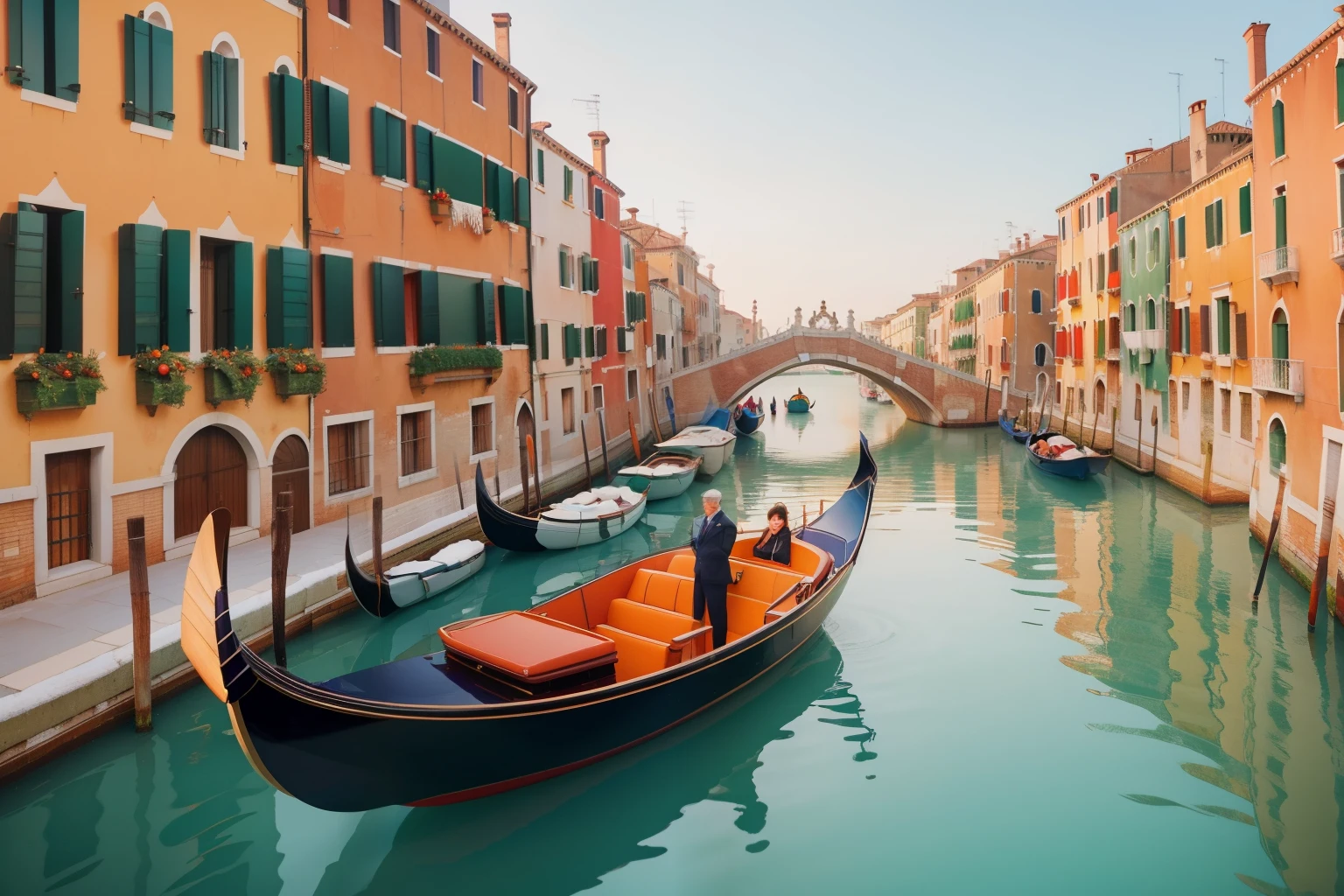 Year: 2022. Setting: Daytime Gondola Ride in Venice, Italy. *Description: Drifting through the canals during the day, ((((people in elegant winter wear)))) enjoy a romantic gondola ride adorned with festive lights. The backdrop of historic buildings and the crisp winter air evokes the romantic charm of an Italian winter day with pre-Raphaelite grace and Wes Anderson's playful hues.