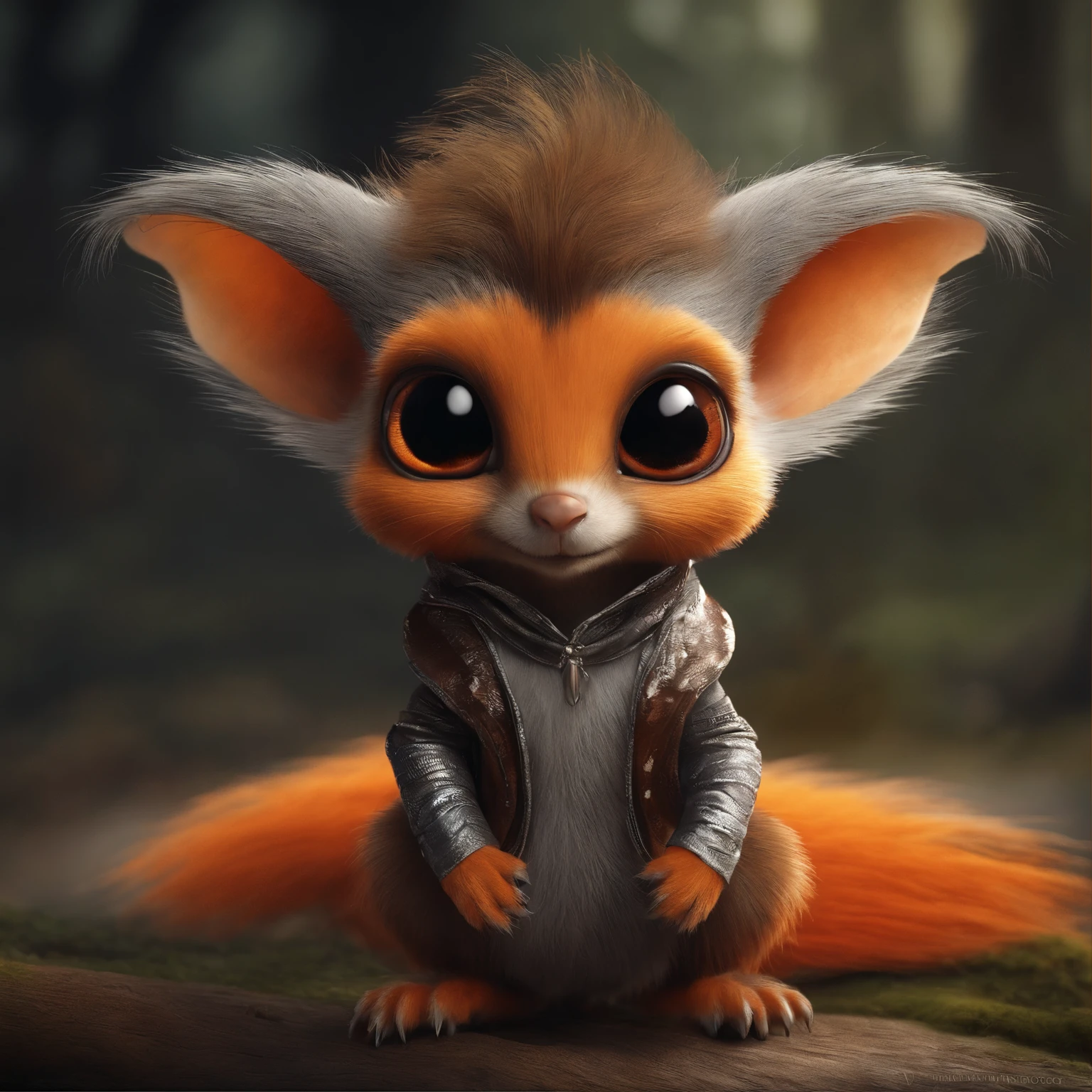 goblin, Squirrel-like, Huge eyes,  tasseled ears, brown nose, bright orange and silver long tail, Silver color, fluffy clothes, Best Quality, Masterpiece, in style of dark fantasy art