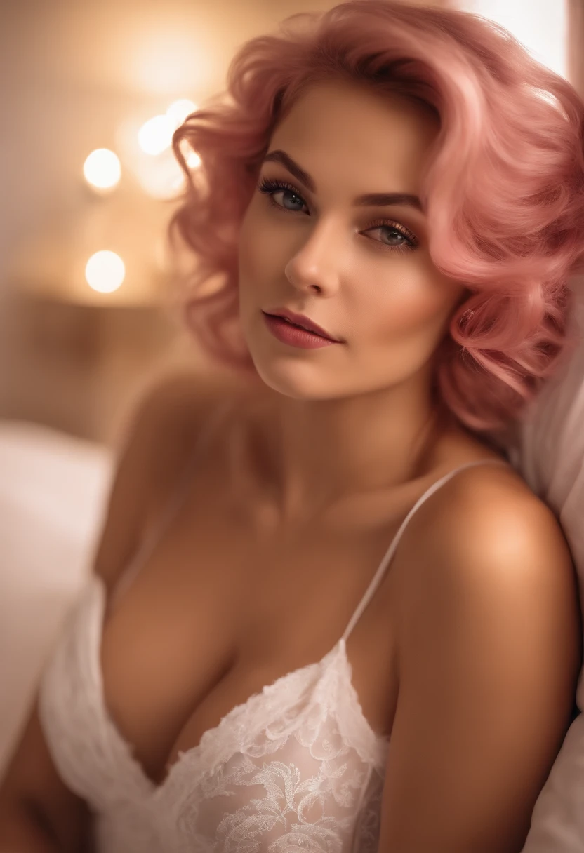 Generate a high-quality image of an enchanting moment in a beuatifully decorated hotel room. The scene features a beautiful woman with short wavy pink hair with a warm and inviting expression, no makeup, light freckles, sitting elegantly on the bed with satin sheets. she is wearing white lingerie her bra showing a little cleavage.The background is a blurred, room creating an atmosphere of intimacy. Soft, romantic lighting bathes the scene in a warm glow, enhancing the mood. She is totally focused on the viewer conveying the connection and charm of the moment. Ensure the image captures the essence of a captivating encounter.