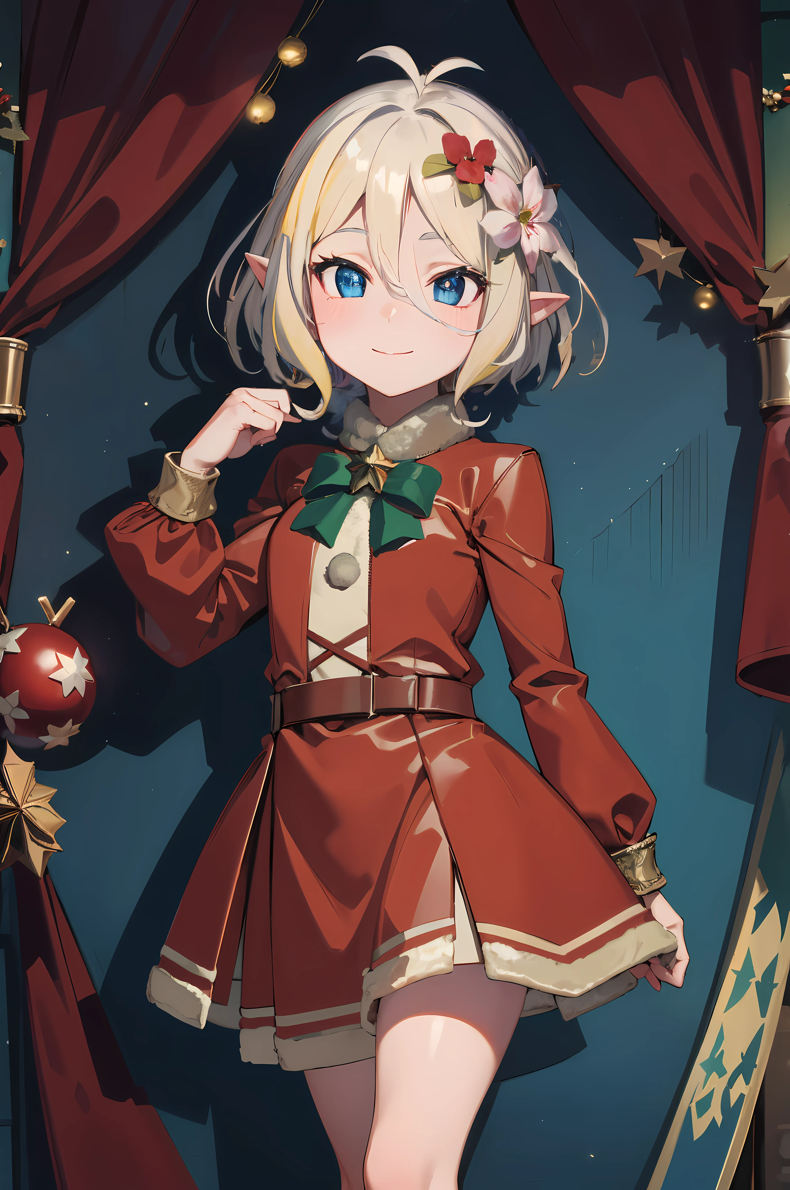 blonde, yellow hair, blue rimmed eyeglasses, tube neck dress, no ears, no hair decorations, , bright hair, snowflakes falling, holding a gift box, cheerful expression, smiling, standing in a winter wonderland, with a Santa hat, surrounded by Christmas lights, joyful atmosphere, with a cozy scarf, rosy cheeks, in a snowy forest, with a reindeer nearby, with a snowman in the background, with a fireplace behind, with presents under a decorated tree, with glittering ornaments, with a sleigh and flying reindeer, with a shining star on top of the tree, with a snowy mountain range in the distance, with a full moon in the sky, with snow-covered houses, with a magical aurora borealis, with children playing in the snow, with hot cocoa and marshmallows, with a snow-covered bridge, with sparkling icicles, with a cozy log cabin, with a warm fireplace, with a Christmas carol playing, with a jolly Santa Claus, with a snowy hill for sledding, with a snowy rooftop, with a red-nosed reindeer, with twinkling fairy lights, with a cozy village, with a joyful family gathering, with a shining Christmas star, with a decorative wreath on the door, with a snow-covered church, with a peaceful winter night scene, with a festive holiday atmosphere. (best quality, 4k, highres, ultra-detailed), vibrant colors, with soft lighting, blue eyes