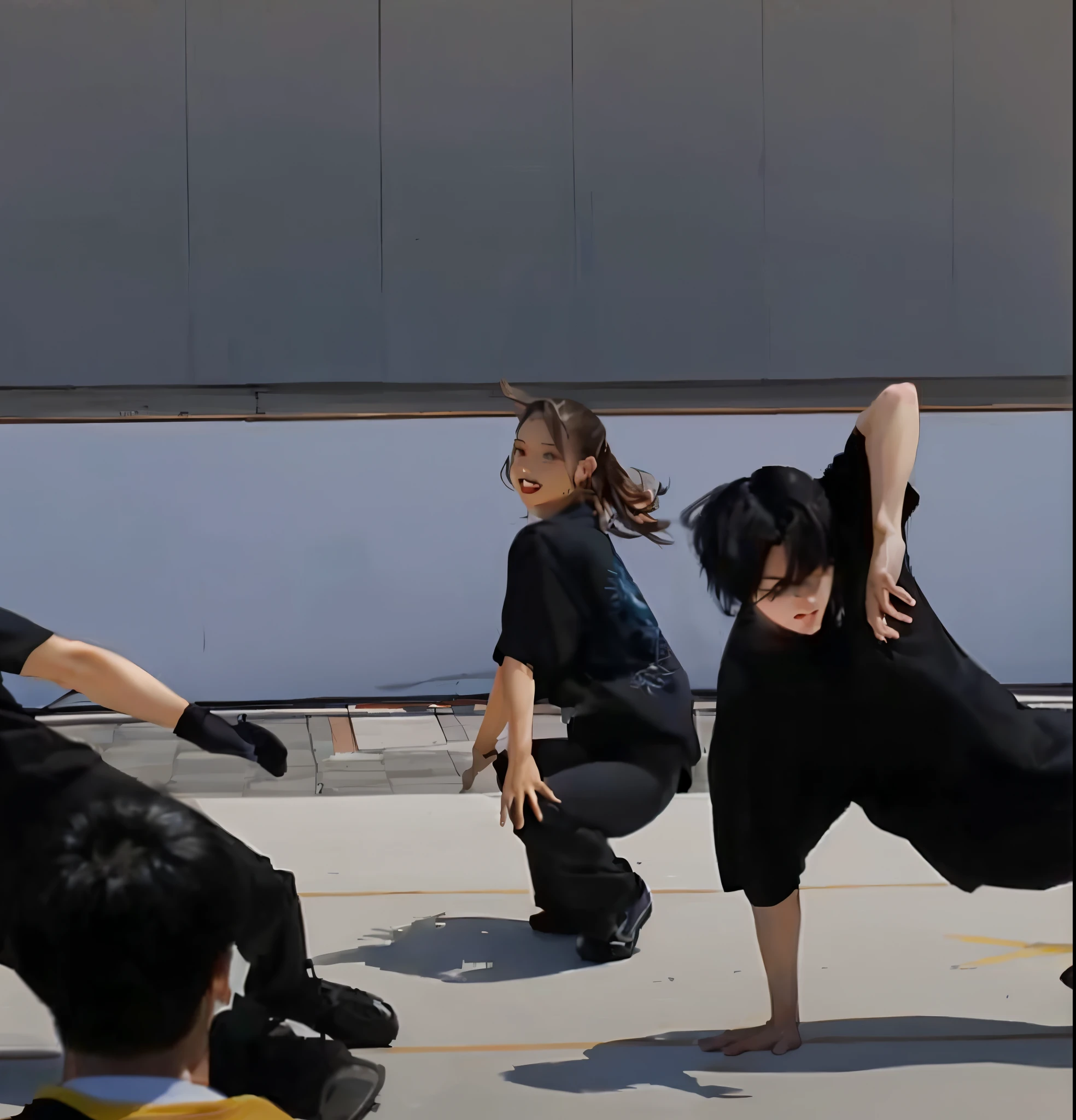(best quality,4k,8k,highres,masterpiece:1.2),ultra-detailed,(realistic,photorealistic,photo-realistic:1.37),dynamic,energetic,detailed breakdance performance,dance battle,impressive choreography,various action poses,anime-inspired poses,vivid and vibrant colors,photography,freeze frame from a live-action film,bullet time effects,YouTube video screenshot,Yukio - E,athletic poses,squatting on the concrete ground,4-kilometer race,They are squatting on the concrete ground.