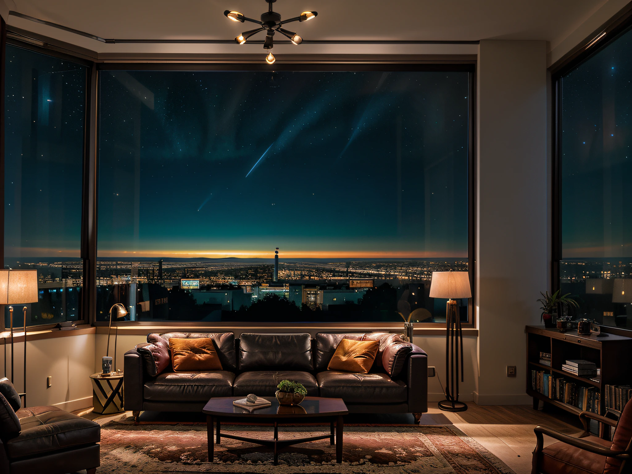 Photorealistic, of the highest quality, Cinematic, livingroom, Large windows, nigh sky, bookshelf, Bright colors, Lighting, 发光, Hanging lighting