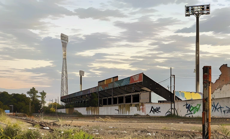 there is a train track with graffiti on it and a building in the background, abandoned structures, an abandoned, clip stadio, soccer stadium, by Matteo Pérez, the photo was taken from afar, by Altichiero, stadium landscape, view from ground, an abandoned old, stadium, view from the ground, seen from afar, art deco stadium