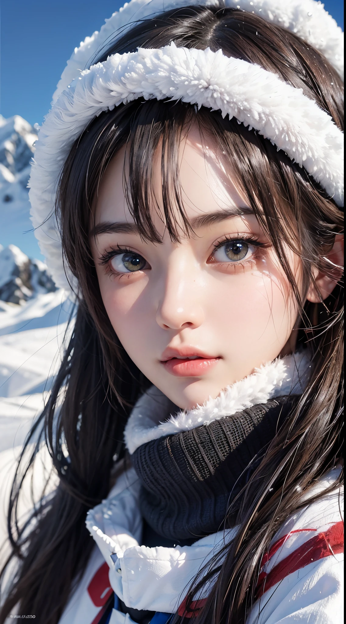 Beautiful woman、Kawaii Woman、About 20 years old、A detailed face、Detailed eyes、Detailed skin、detailed hairs、super realistic picture quality、An ultra-high picture quality、8K、Hokkaido、snowscape、Slopes、take me skiing、Tomoyo Harada、