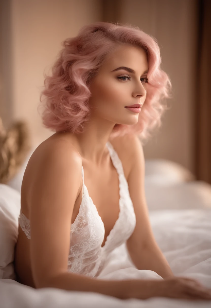 Generate a high-quality image of an enchanting moment in a beuatifully decorated hotel room. The scene features a beautiful woman with short wavy pink hair with a warm and inviting expression, no makeup, light freckles, sitting elegantly on the bed with satin sheets. she is wearing white lingerie her bra showing a little cleavage.The background is a blurred, room creating an atmosphere of intimacy. Soft, romantic lighting bathes the scene in a warm glow, enhancing the mood. She is totally focused on the viewer conveying the connection and charm of the moment. Ensure the image captures the essence of a captivating encounter.