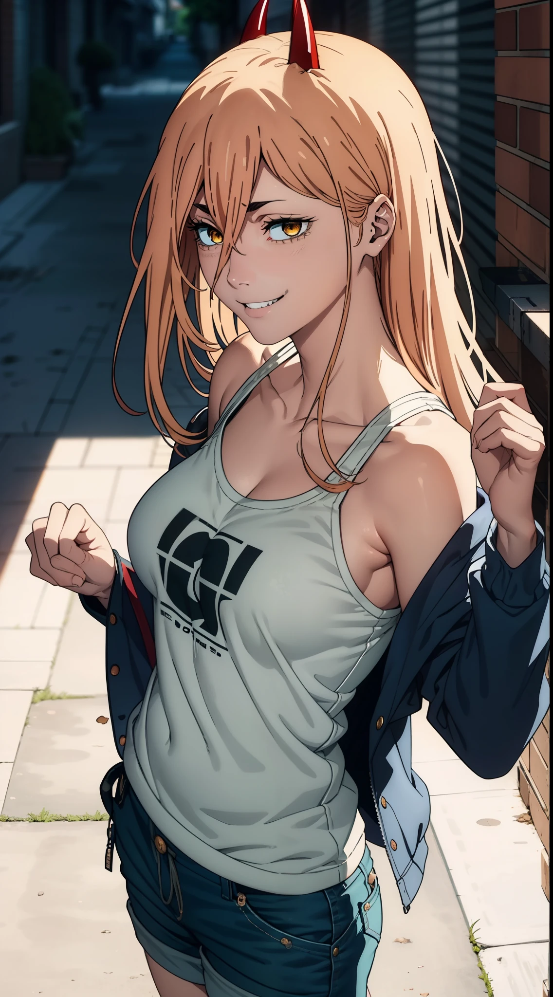 Masterpiece, Highly detailed, Best Quality, extra high resolution, 1girl, in full height (Body Full 1.1), Horns, hairlong, looking a viewer, Average Breasts,, En plein air, power (chainsaw man), hooligan, rebel, Smile, blue jacket, pants, horns demon, Yellow eyes, cross-shaped pupils, Shirt, Hair between the eyes, Black pants, (with grinning shoulders:1.3), (partially_unbuttoned:1.2), White shirt Ultra transparent, Chainsaw Man Energy, Two red sharp horns on the head, ultra sharp image, Ultra Beautiful, little chest. hairlong, blonde woman, Beautiful figure, taut clothes, T-shirt with the image of a cat, jean shorts, Shoes, bright yellow eyes, Red crosses and circles instead of pupils, handsome body, sexy clothes, Beautiful eyes, very detailed eyes, Very detailed face, handsome body, Cherecter Desing, Very detailed, Detailed body, Detailed hands, Detailed, Vibrants, Detailed Face, sharp-focus, WLOP, artgerm, anime art, Vibrants, Detailed Face, Hugh Details, sharp-focus, Very drooping face, A detailed eye, super fine illustration, better shadow, finely detail, Beautiful detail