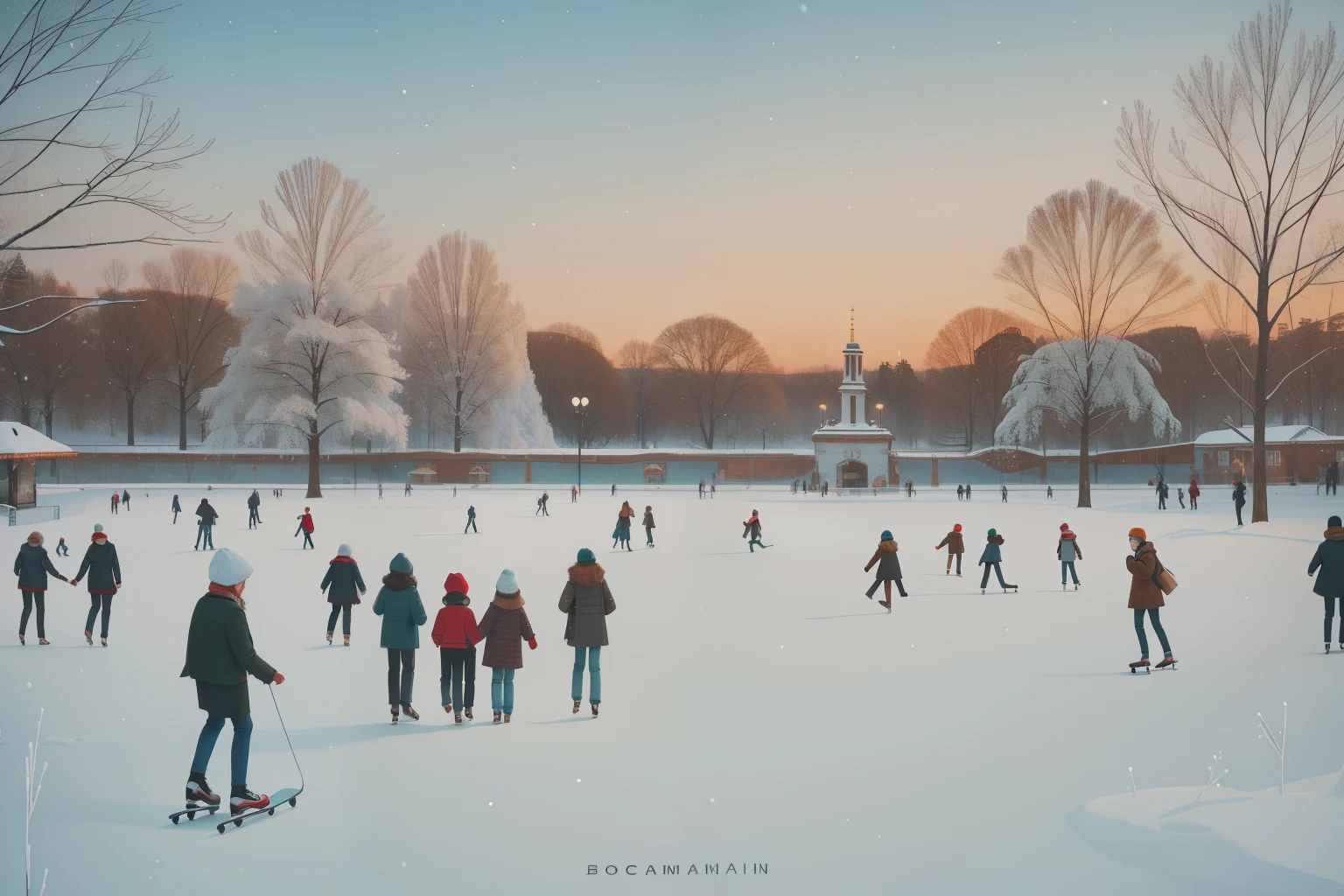 Year: 2022. Setting: Daytime Park Skating in Stockholm, Sweden.
*Description: In a snowy park during the day, ((((a crowd of people of all ages)))) glide gracefully across an ice rink surrounded by twinkling lights. Snow-covered trees and the winter sky provide a serene backdrop, capturing the Scandinavian charm of a Swedish winter day with pre-Raphaelite elegance and Wes Anderson's calming palette.
