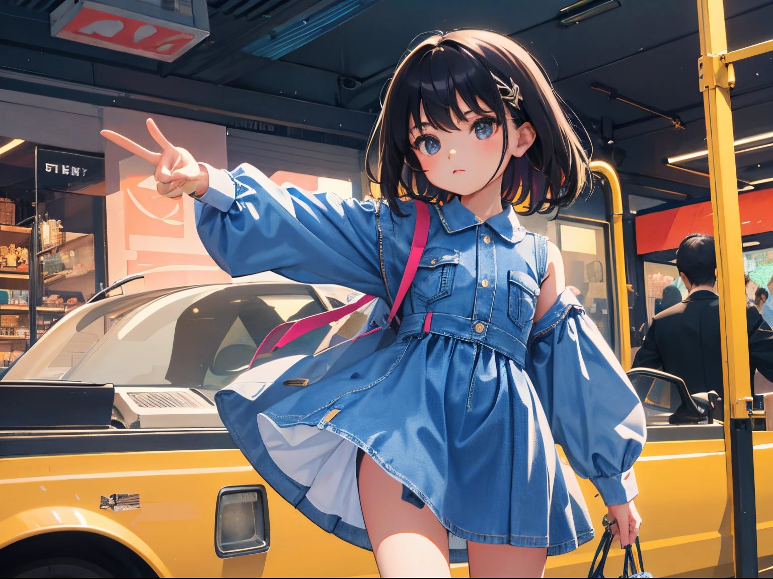 (child),(masterpiece,Highest Quality),(denim zip up dress:1.4),pencil skirts,shortsleeves,A dark-haired,Twin-tailed,outside of house