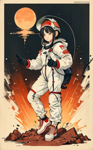 1girl, flat_breasts, cute, beautiful detailed eyes, shiny hair, visible through hair, hairs between eyes, CCCPposter, sovietposter, red monochrome, soviet poster, soviet, communism,
Black_hair, teenage, poorbreast, Spacesuit:Orange_clothing_body:jumpsuit), white_gloves, white_space shoes, white_helmet, the CCCP red letters on the top of helmet, weightlessness, Side light, reflection, The person in the spacesuit is at the bottom left of the frame, Reflected light from the sun, Silver metal, red flag, brilliance, USSR style, diffuse reflection, Metallic texture, The vista is a blue Earth, mecha style,the sea of star, high tone, magnificent