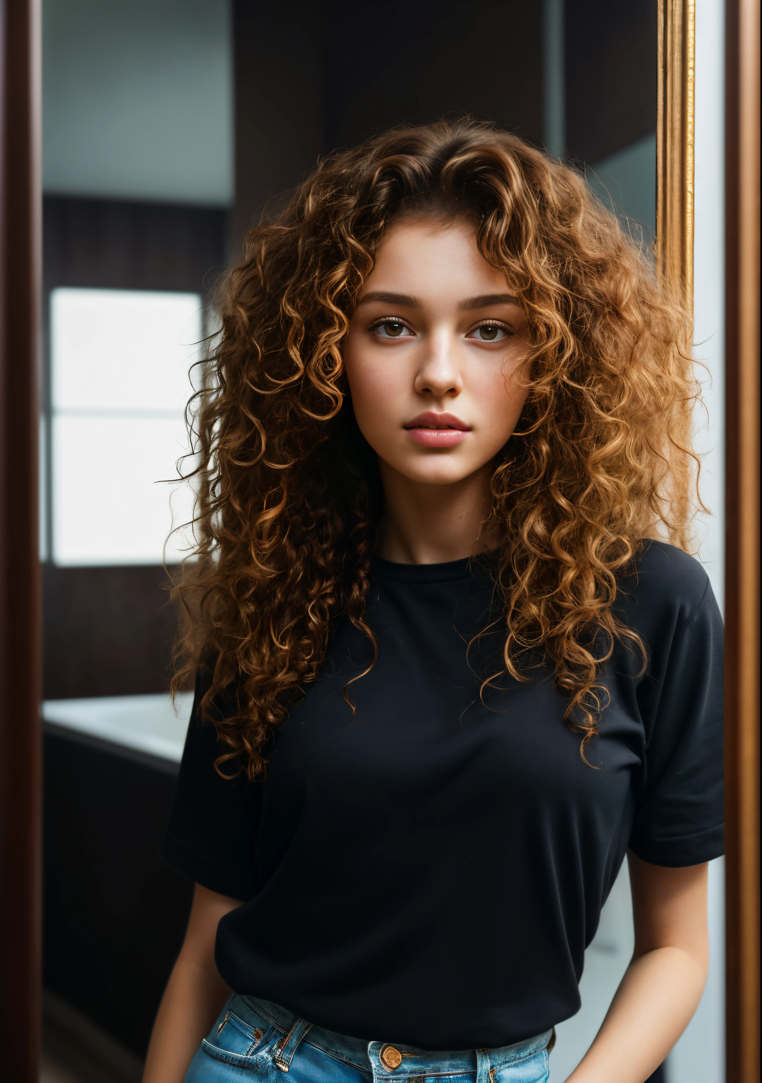 arafed woman with curly hair standing in front of a mirror, beautiful young girl, gorgeous young model, by irakli nadar, cute young woman, anna nikonova aka newmilky, very beautiful young woman, high quality portrait, sofya emelenko, beautiful young woman, portrait of a beautiful girl, very beautiful girl, messy curly hair