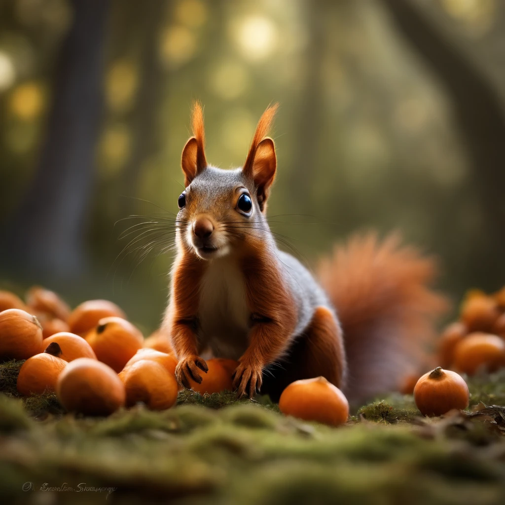 goblin, squirrel-like, Squirrel-like, Huge eyes, tasseled ears, brown nose, bright orange and silver long tail, Silver color, woollen, stands in a forest clearing near a large spreading oak tree, nuts in paws, Best Quality, Masterpiece, in style of dark fantasy art, Fantastic Beasts,