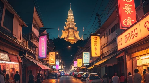 Thailand, Colorful streets, neon signboard, Eye-Level Shot, UHD, masterpiece, best quality, from below, temple visible from a distance