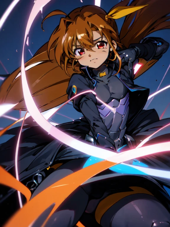 Dark skinned,otokonoko, cute,(1 beautiful boy) long dark brown hair with ahoge, red eyes, (flat chested) wearing (Magical Girl Lyrical Nanoha StrikerS: Vivio Takamachi long black barrier jacket black armoured bodysuit outfit), gloves, cute smile, close up, bright blue sky background,