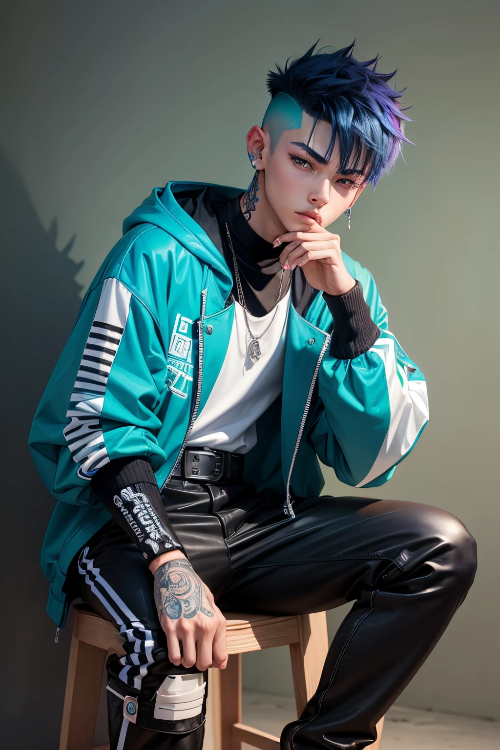 Kpop teen young age boy with fade cut dark blue hair with with (frosted white tips top hair), cute face, irresistible, sit pose, poser, serious face, full half body show, tattoos, wears cool black mixed blue ang green open jacket with long big sized shirt, long black pants with belt, paint background, popstar, has messy lime green hair, and a green one-suit with a diamond. He has a normal Putt Putt Troll appearance overall, as most of them resemble his appearance with exceptions like Viva. His attire is a reference to the golfing attire of golfers.
