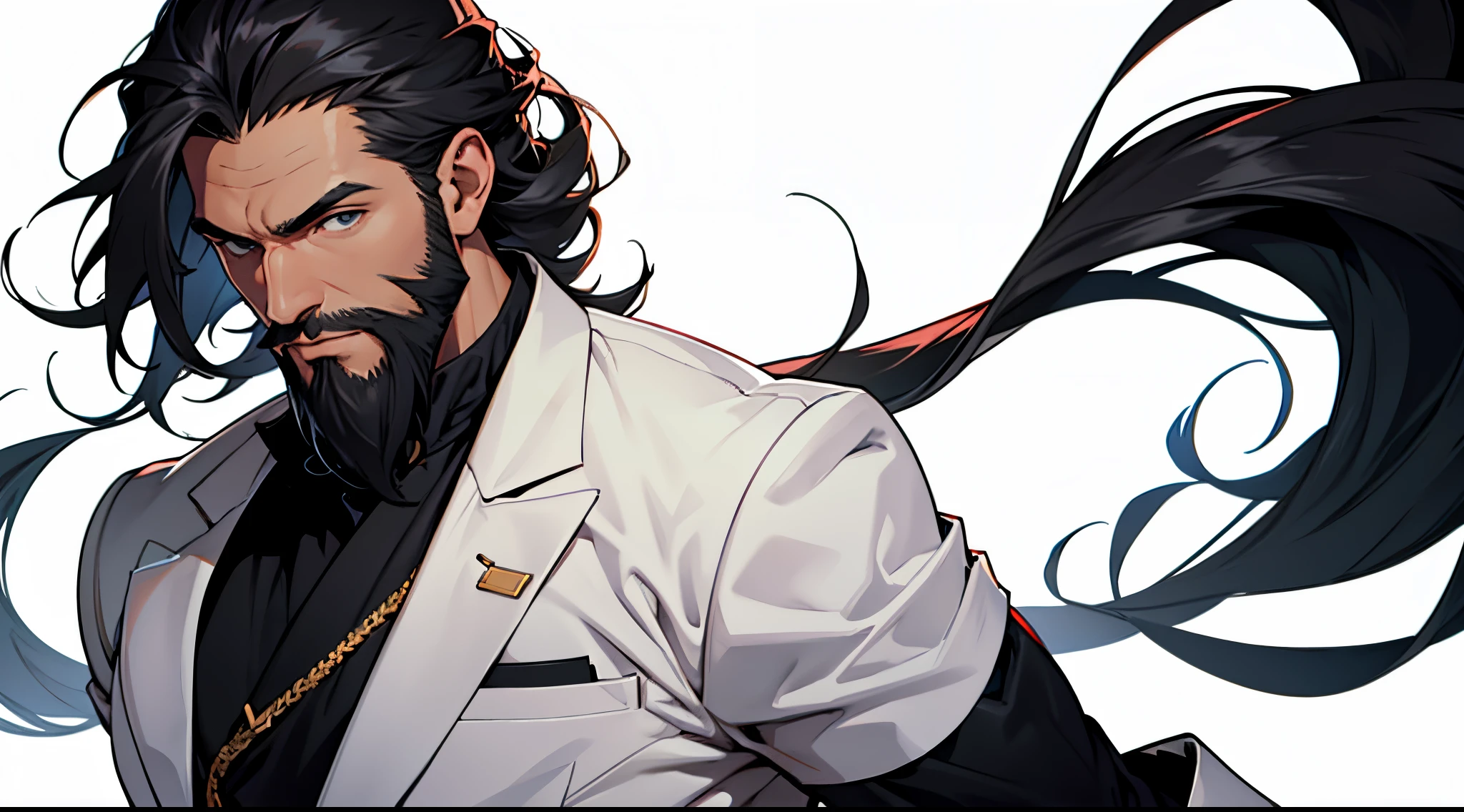 1 Man solo, solo.he has a short black beard and he has black flowing hair. clear background. white background