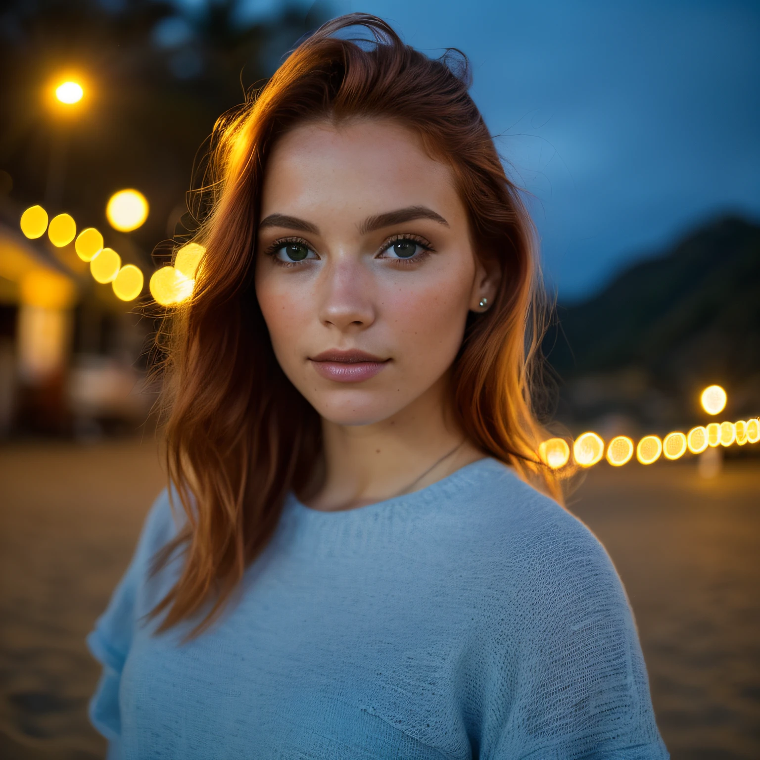 Tomar selfies, Vista descendente: 1.4), (torso medio recto: 1.4), Portrait photo of a 24-year-old redhead girl in RAW UHD format (Mujer de ojos grises) Caminando por la playa, pechos grandes, con la playa en el fondo, (Falda superior), (Cultivo), Detalles (¡Textures!, ¡hair!, resplandeciente, Color!!, Imperfecciones: 1.1), Ojos brillantes muy detallados (Looking at the camera), DSLR lighting, SLR camera, Calidad Ultra, agudeza, Profundidad de campo, movie grain (centro), Fujifilm XT3, Cristalina, Centro del marco, Cara hermosa, foco nítido, farola, Neon lighting, Bokeh (poca luz), Noche, (cielo nocturno), poros detallados de la piel, piel grasa, bronceado, Detalles oculares complejos, cuerpo completo