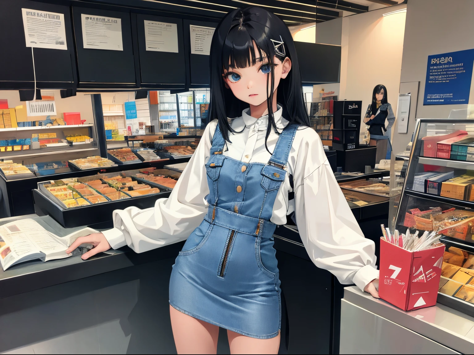 (),(masterpiece,Highest Quality),(denim zip up dress:1.4),pencil skirts,shortsleeves,A dark-haired,Twin-tailed,outside of house