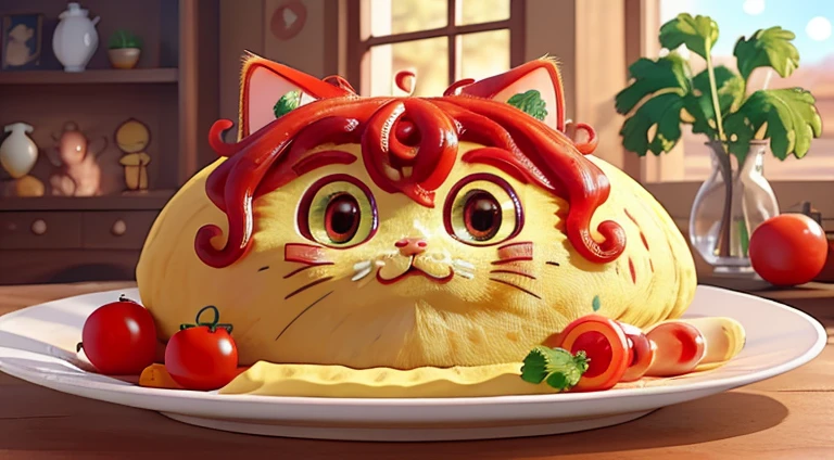 Best Quality, ultra-detailliert,Illustration, extremely delicate and beautiful,4K,Depth,
omelet,Looks delicious,Cat,
Upper body,Human,Red ketchup line drawing 1 cat chibi,Wavy Hair,
Omurice,dish,parsley, tomatoes,