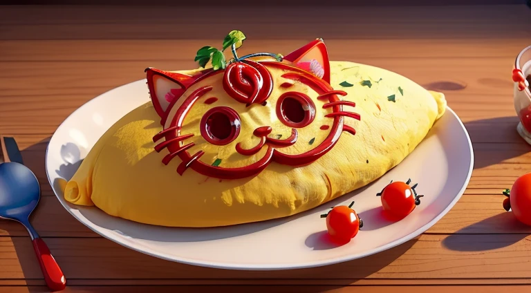 Best Quality, ultra-detailliert,Illustration, extremely delicate and beautiful,4K,Depth,
omelet,Looks delicious,Cat,
Upper body,Human,Red ketchup line drawing 1 cat chibi,Wavy Hair,
Omurice,dish,parsley, tomatoes,