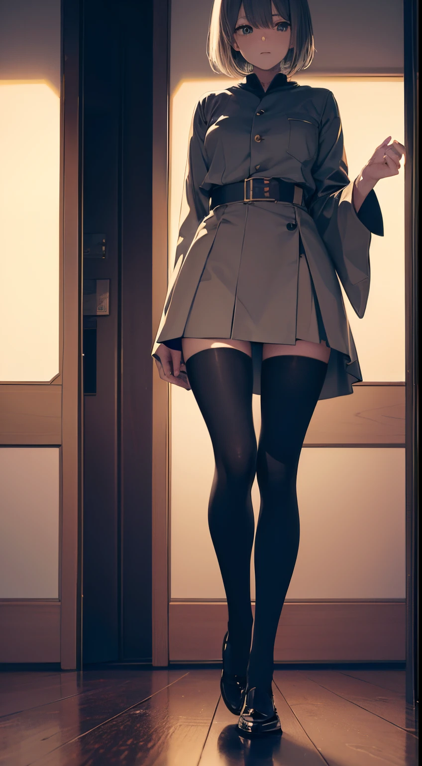 Johann Dieter Wassmann, Shigeru Tamura, Surreal, mysterious, strange, fantastic, fantasy, Sci-fi, Japanese anime, miniskirt beautiful girl and cat walking in the world between night and day, perfect voluminous body, geometry, perfect body, detailed masterpiece perspective cinematic lighting hand drawings fine lines