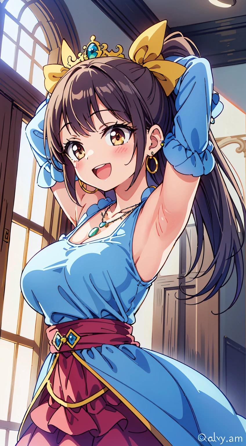 (Cute illustration:1,2),(Absurd realistic structure details),(High resolution complex and detailed text quality),(High-resolution microstructure、High poly 3 boobs boobs boobs boobs boobs boobs boobs boobs D rendering correction),Methods of geometry,Careful explanatory anatomy,
BREAK,
1girl in, (Cute:1.5),(Chibi:0.5),(kawaii:2.0),(Lori:2.0),(7 year old girl),(Solo:1.65),BREAK, (flat chest:1.2,), Clear skin, Beautiful skin, Shy, One Beautiful Girl,(Hair Bow, Brown hair, Twin-tailed:1.2), (Brown eyes, long eyelashes, Double eyelids: 1.2), Shiny skin, gleaming skin,Clear skin, Beautiful skin,( A smile:1.5), Solo,gleaming skin, Clear skin, Beautiful skin(best quality face),(Top quality glowing eyes), (The best smile,:D:1.45), (The best smile, Elegant smile,:1.45),(Elegant smile,Doya face:1.3),BREAK (Princess), (((Elegant))), (queen jewel crown:1.3)goddess like,Golden lingerie, (Red Princess Dresses,hoop long skirt:1.6),(princess fantasy jewelry dress, Layered sleeves,Jewelry Necklaces,Ruby Earrings:1.5),Naughty makeup BREAK,(early evening),is standing, (raise both arm,Show the armpits:1.55),((Kamimei)),From above, high - angle view, White table, tea cup, urgent, golden gift box, (medieval fantasy jewel castle,window,jewelry chandelier:1.3),(Indoors),Winters,Waterfall,depth of fields, ,The outstretched arm BREAK,wakame,wakame,wakame,(Dynamic Angle:1.4),
BREAK,(Blurry background:1.3),(absurderes, hight resolution, Super Detail Art),cel shading,Clear Color, Lonely optical effect, Beautiful pictures, Bright glow, mystic atmosphere,(Close-up of girl:1.1), Mystical light particle effect,manga influence, clean line drawings,