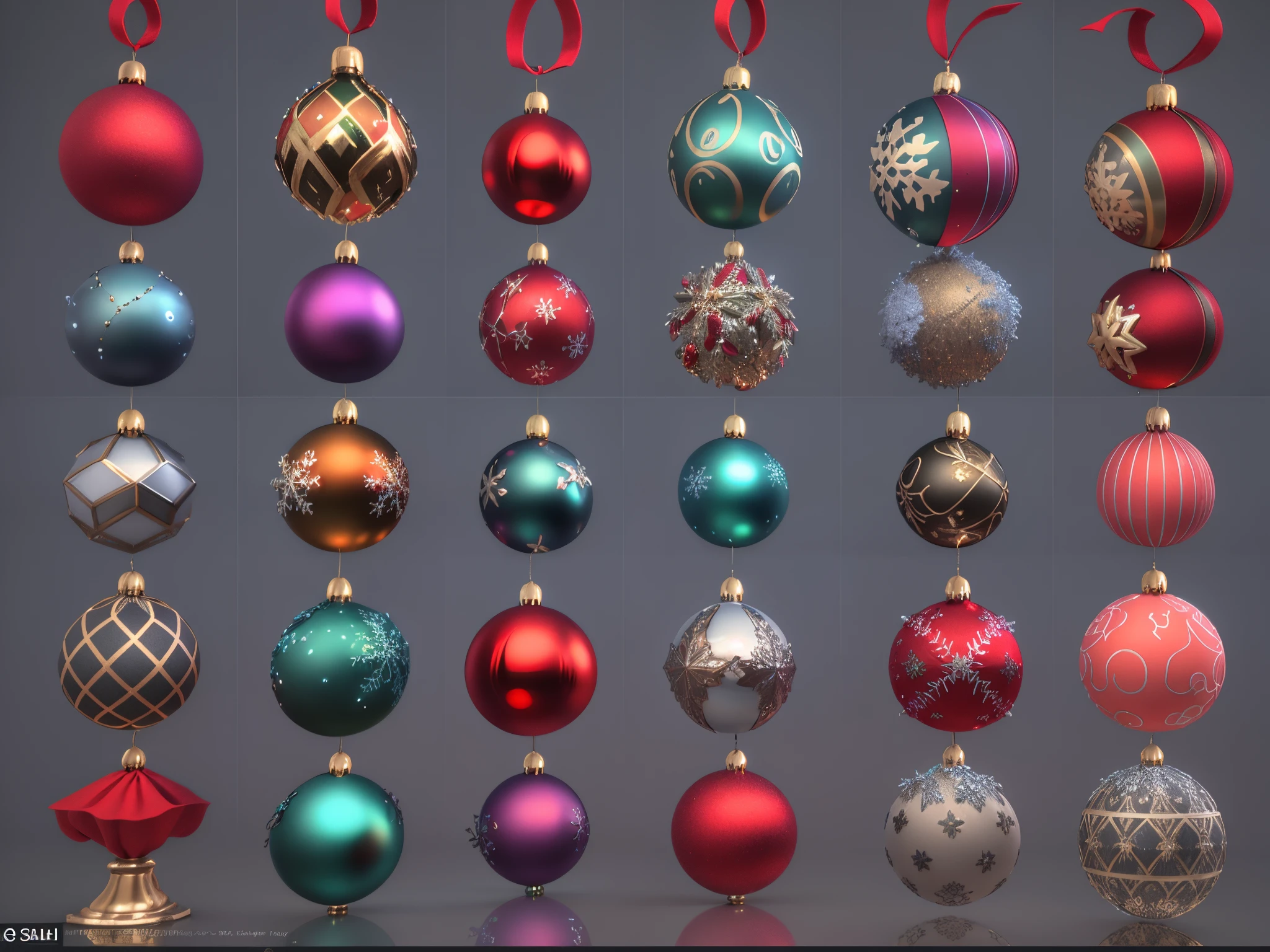 Image of a series of Christmas decorations in different colors in Arafad, decor, 8K high quality detail art, High quality 3D realistic, detailed ornaments, cgsociety UHD 4k very detailed, Very detailed cgsociety, christmas, Iray shaders, The is very detailed, photo-realism, stylized pbr materials, Super detailed decoration, 3D realistic materials