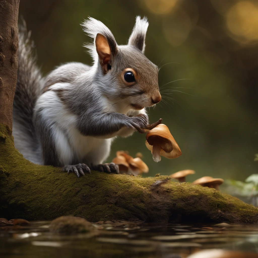 gremlin, Squirrel-like, bright silver and brown, long tail, large ears, covered with silver fur, holding an acorn in his paws, water, Burrow, tree roots stick out from the walls in the hole, mushrooms sticking out of the ground, Best Quality, Masterpiece, in style of dark fantasy art,