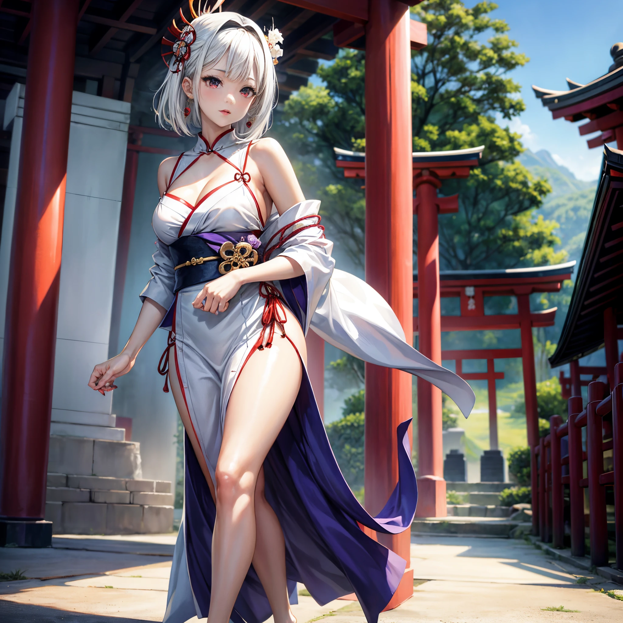 (Ultra high quality, intricate picture, 1 girl, solo), Marin_Kitagawa, white hair, medium breasts, amethyst earrings, short over the shoulders hair, red eyes, small japanese mask on head, red lips, blue nails, white off-shoulders dress, threaded dress, showy dress, sideboob, gorgeous girl, barefoot, sexy pose, cool legwear, japanese shrine in background