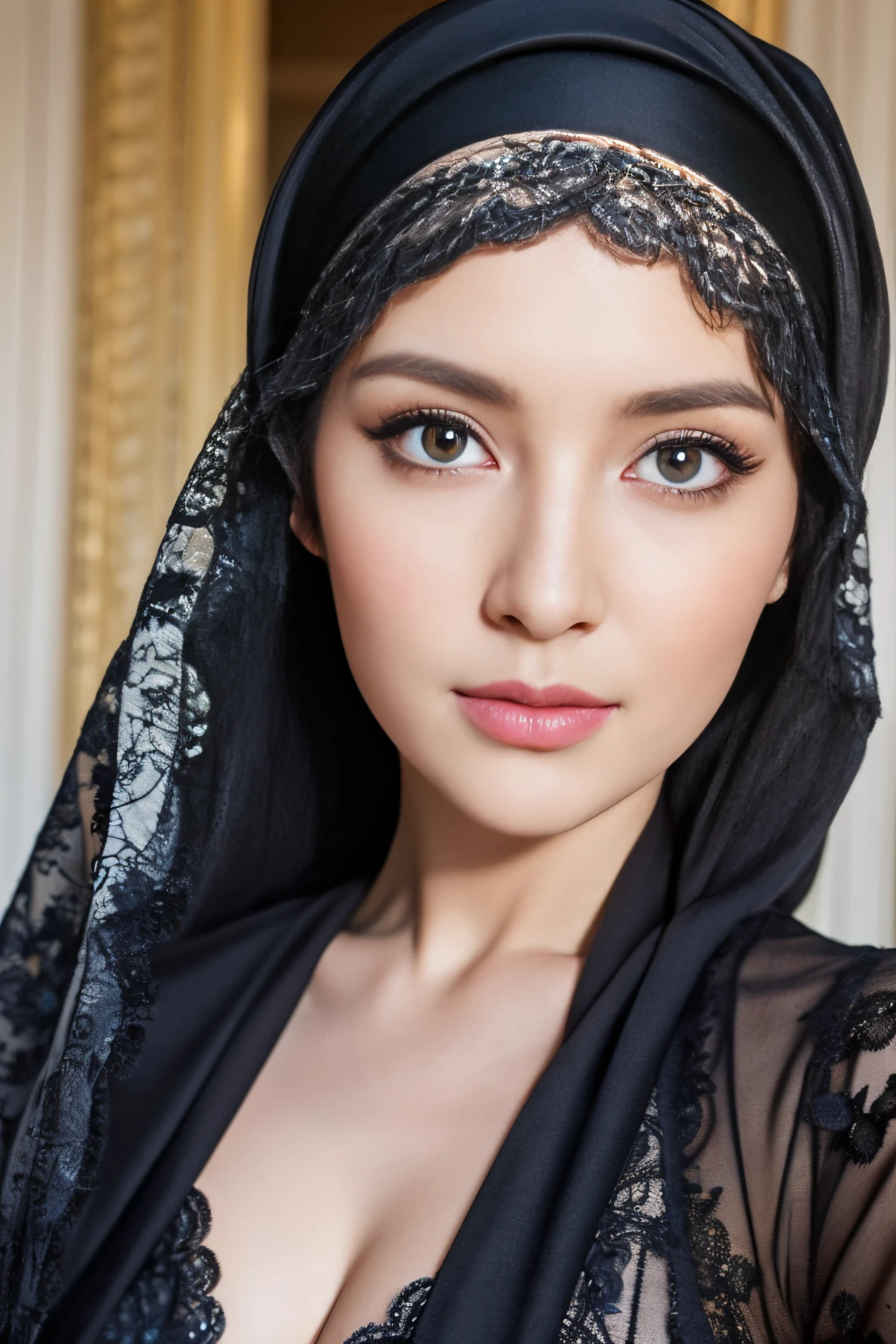 top-quality,Beautiful detailed hijabi,Bewitching face,swedish person model,long lashes,Wearing a long black lace dress,Hide your mouth with a lace cloth,Detailed details,Colossal tits,With cleavage,stares at the camera、palatial palace
