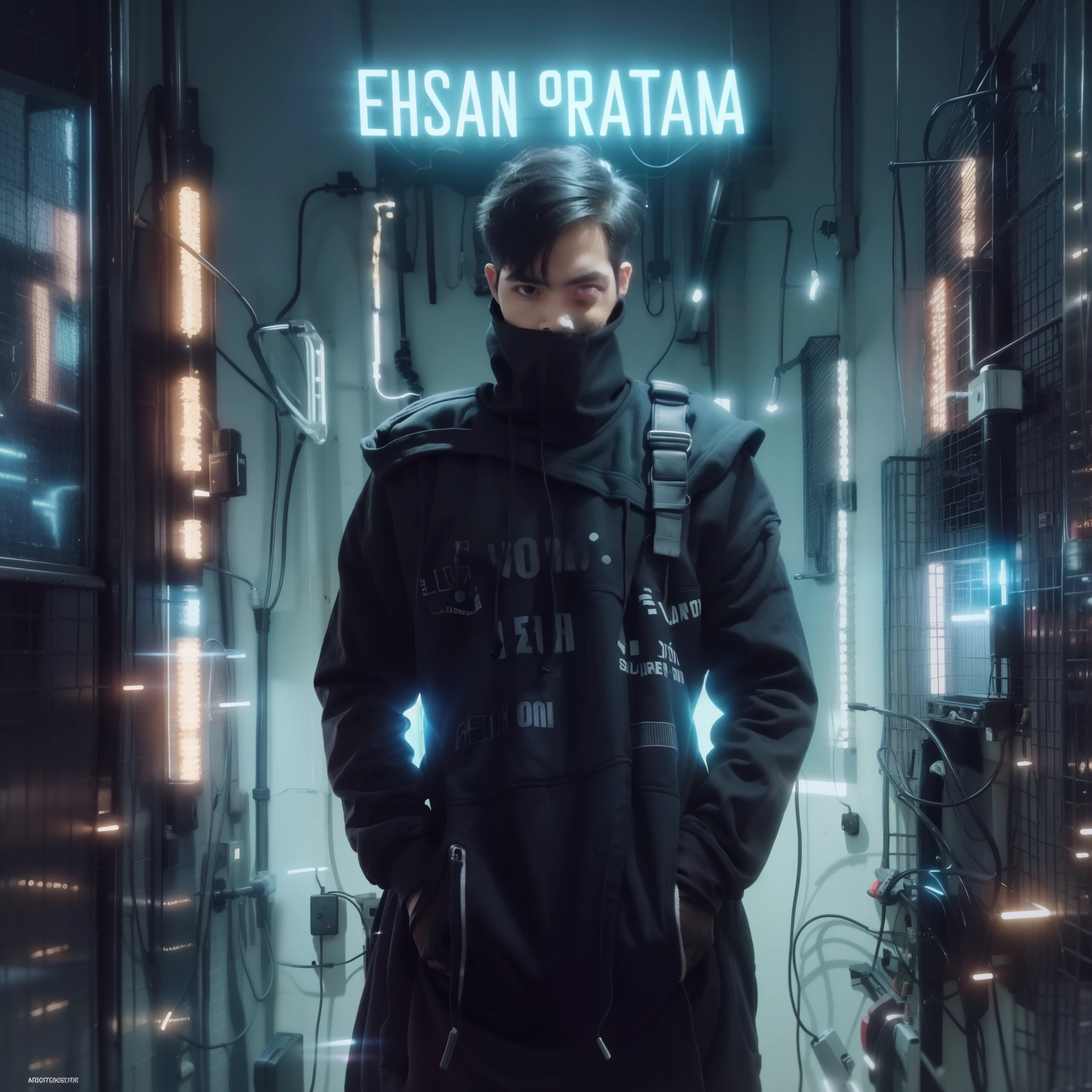 Handsome face, man, short undercut hair, wearing jacket hoody, black nail polish, calm expression