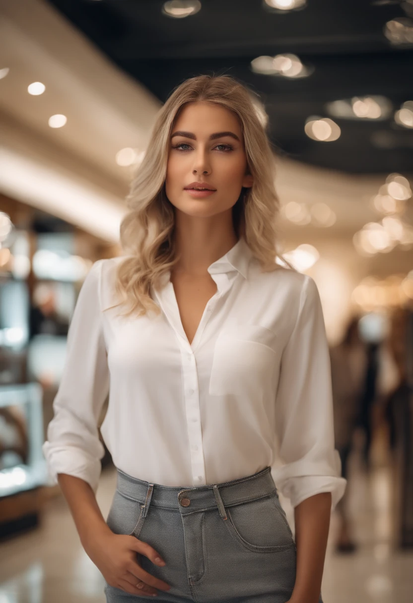 (Corinna Kopf) person posing in a mall clothing store, best quality, 1 girl, blur background, bokeh, (mall:1.4),((wearing a white shirt, gorgeous, beautiful detailed sky, (dynamic pose:1), soft lightlinh, wind, ((portrait :1.4))