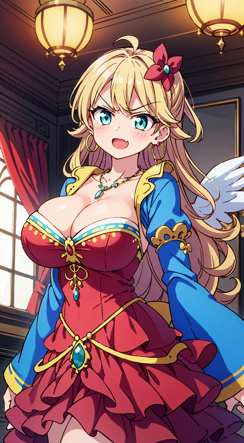 (Cute illustration:1,2),(Absurd realistic structure details),(High resolution complex and detailed text quality),(High-resolution microstructure、High poly 3 boobs boobs boobs boobs boobs boobs boobs boobs D rendering correction),Methods of geometry,Careful explanatory anatomy,
BREAK,
1 beautiful girl, girl with, (Cute:1.5),(Chibi:0.5),(kawaii:2.0),(Lori:2.0),(12 year old girl),(bulging chest, well-shaped tops, cleavage:1.65),(Ahoge, half updo,Blonde hair, blue bow, (green colored eyes,Sparkling eyes ),eyebrows visible through hair,side locks,Parted bangs,Long hair, Hair Flower, Hair Ornament, Curly hair,Bow:1.4),:D,(Angel,White feathers, one white winged, Angel wings,Spread wings, Glowing wings),pitt \(Kid Icarus\),gleaming skin, Clear skin, shining beautiful skin, Open mouth,Smile, Solo, tusk, Upper teeth,(long eyelashes, Double eyelids:1.2),Solo,gleaming skin, Clear skin, Beautiful skin,(best quality face),(Top quality glowing eyes), ,(smug face,angry:1.3),BREAK (Princess), (((Elegant))), (queen jewel crown:1.3)goddess like,Golden lingerie, (Red Princess Dresses,hoop long skirt:1.6),(princess fantasy jewelry dress, Layered sleeves,Jewelry Necklaces,Ruby Earrings:1.5),Naughty makeup BREAK,(early evening),is standing, (Military council,map,karo,There is a warrior,Have a military rank), urgent, golden gift box, (medieval fantasy jewel castle,window,jewelry chandelier:1.3),(Indoors),Winters,Waterfall,depth of fields, ,The outstretched arm BREAK,wakame,wakame,wakame,(Dynamic Angle:1.4),
BREAK,(Blurry background:1.3),(absurderes, hight resolution, Super Detail Art),cel shading,Clear Color, Lonely optical effect, Beautiful pictures, Bright glow, mystic atmosphere,(Close-up of girl:1.1), Mystical light particle effect,manga influence, clean line drawings,