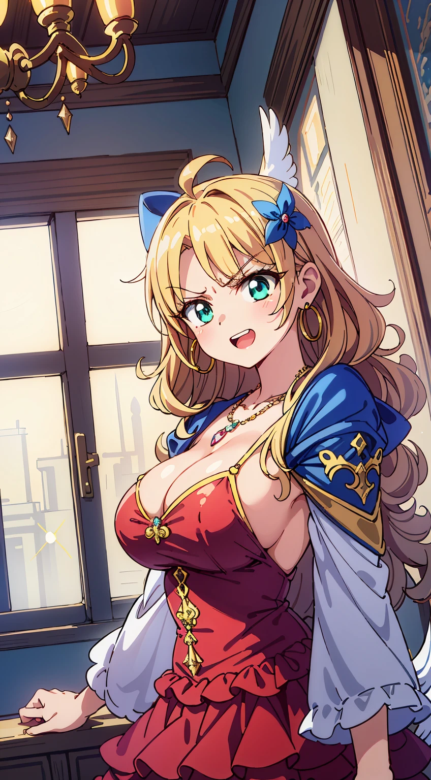 (Cute illustration:1,2),(Absurd realistic structure details),(High resolution complex and detailed text quality),(High-resolution microstructure、High poly 3 boobs boobs boobs boobs boobs boobs boobs boobs D rendering correction),Methods of geometry,Careful explanatory anatomy,
BREAK,
1 beautiful girl, girl with, (Cute:1.5),(Chibi:0.5),(kawaii:2.0),(Lori:2.0),(12 year old girl),(bulging chest, well-shaped tops, cleavage:1.65),(Ahoge, half updo,Blonde hair, blue bow, (green colored eyes,Sparkling eyes ),eyebrows visible through hair,side locks,Parted bangs,Long hair, Hair Flower, Hair Ornament, Curly hair,Bow:1.4),:D,(Angel,White feathers, one white winged, Angel wings,Spread wings, Glowing wings),pitt \(Kid Icarus\),gleaming skin, Clear skin, shining beautiful skin, Open mouth,Smile, Solo, tusk, Upper teeth,(long eyelashes, Double eyelids:1.2),Solo,gleaming skin, Clear skin, Beautiful skin,(best quality face),(Top quality glowing eyes), ,(smug face,angry:1.3),BREAK (Princess), (((Elegant))), (queen jewel crown:1.3)goddess like,Golden lingerie, (Red Princess Dresses,hoop long skirt:1.6),(princess fantasy jewelry dress, Layered sleeves,Jewelry Necklaces,Ruby Earrings:1.5),Naughty makeup BREAK,(early evening),is standing, (Military council,map,karo,There is a warrior,Have a military rank), urgent, golden gift box, (medieval fantasy jewel castle,window,jewelry chandelier:1.3),(Indoors),Winters,Waterfall,depth of fields, ,The outstretched arm BREAK,wakame,wakame,wakame,(Dynamic Angle:1.4),
BREAK,(Blurry background:1.3),(absurderes, hight resolution, Super Detail Art),cel shading,Clear Color, Lonely optical effect, Beautiful pictures, Bright glow, mystic atmosphere,(Close-up of girl:1.1), Mystical light particle effect,manga influence, clean line drawings,