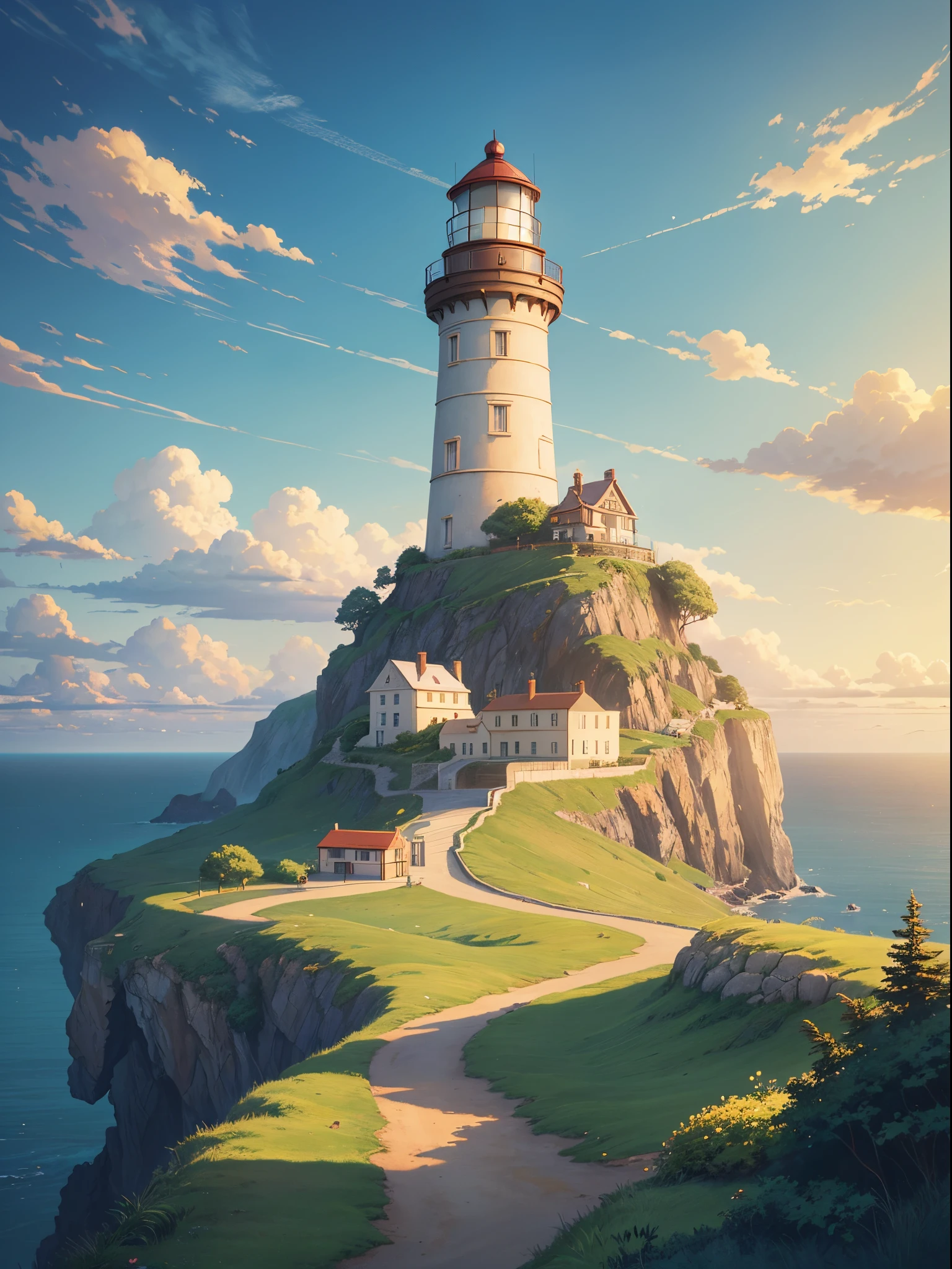 there is a painting of a lighthouse on a hill, sea cliff, ross transcenic background, studio ghibli sunlight, beautiful anime scenery, anime background art, official anime artwork, scenery artwork, rhads and lois van baarle, anime countryside landscape, rhads and thomas kinkade, a beautiful landscape